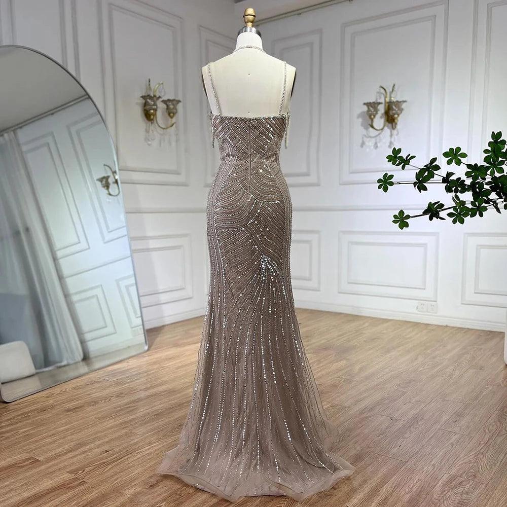 Luxury Beaded Spaghetti Strap Mermaid Evening Dress for Women - Dubai Caramel Bridal Gown for Wedding Party & Special Occasions | Serene Hill LA72501 | Perfect for Red Carpet, Prom & Formal Events