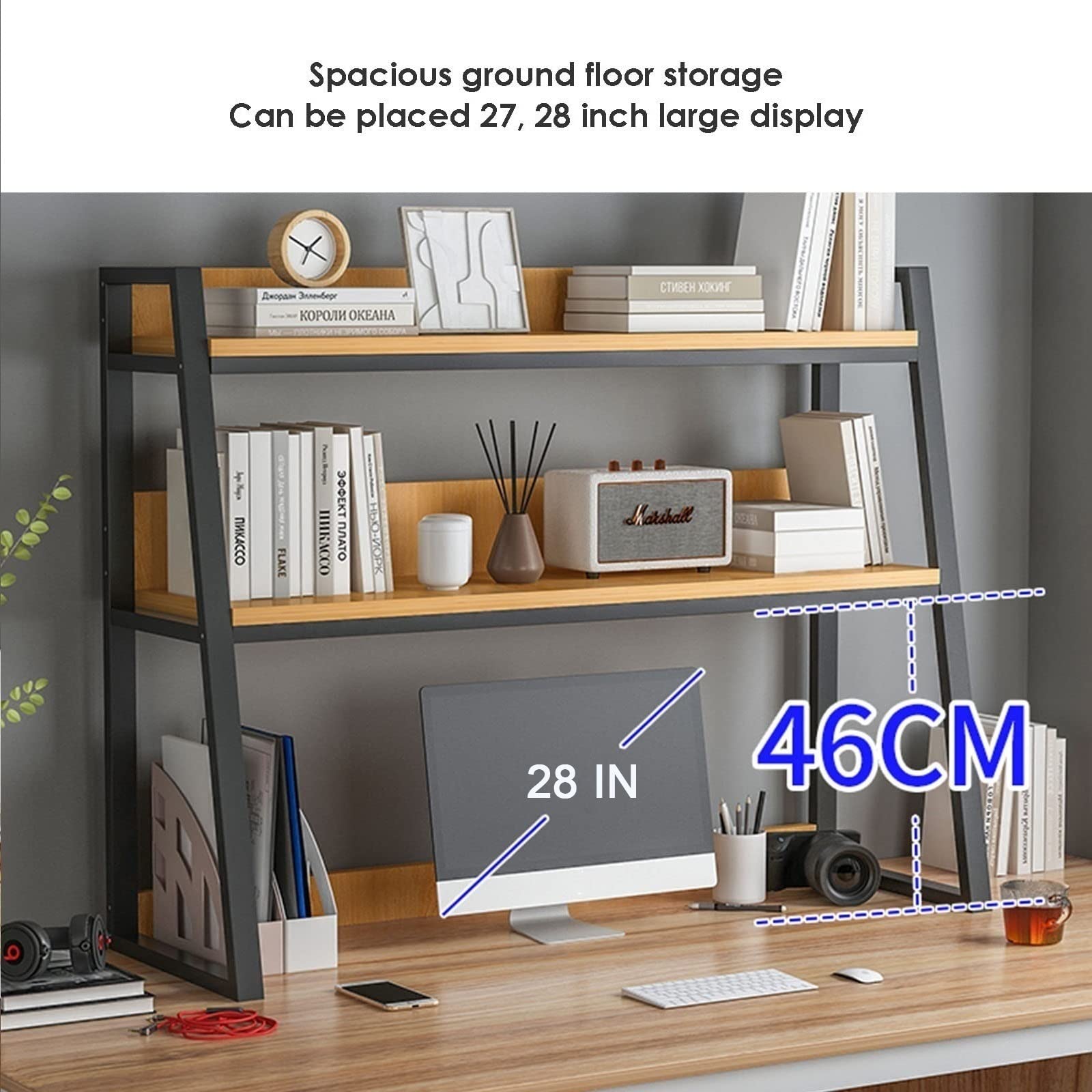 2-Tier Steel Frame Desktop Organizer Shelf - Office Desk Bookshelf, Countertop Hutch & Bookcase for Home & Office - Perfect for Books, Files, Decor & Small Items Storage