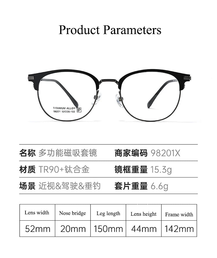 Bclear Unisex Full Rim Round Alloy Eyeglasses with Clip-On Polarized Sunglasses 9820 - Stylish UV Protection for Driving, Outdoor Activities & Everyday Wear