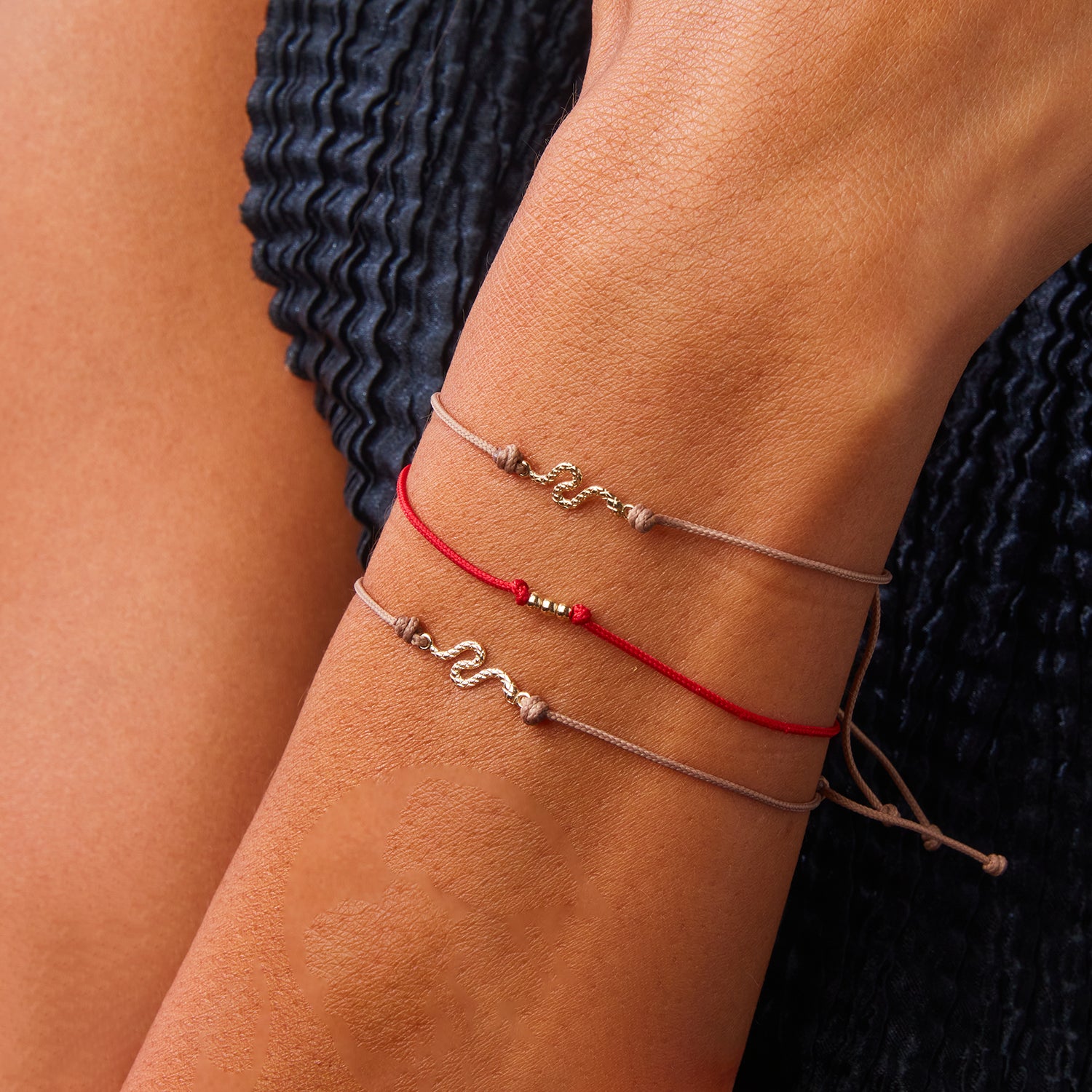 10K Yellow Gold Serpent Contemplation Cord Bracelet with Taupe Cord - Spiritual Meditation & Yoga Jewelry for Women