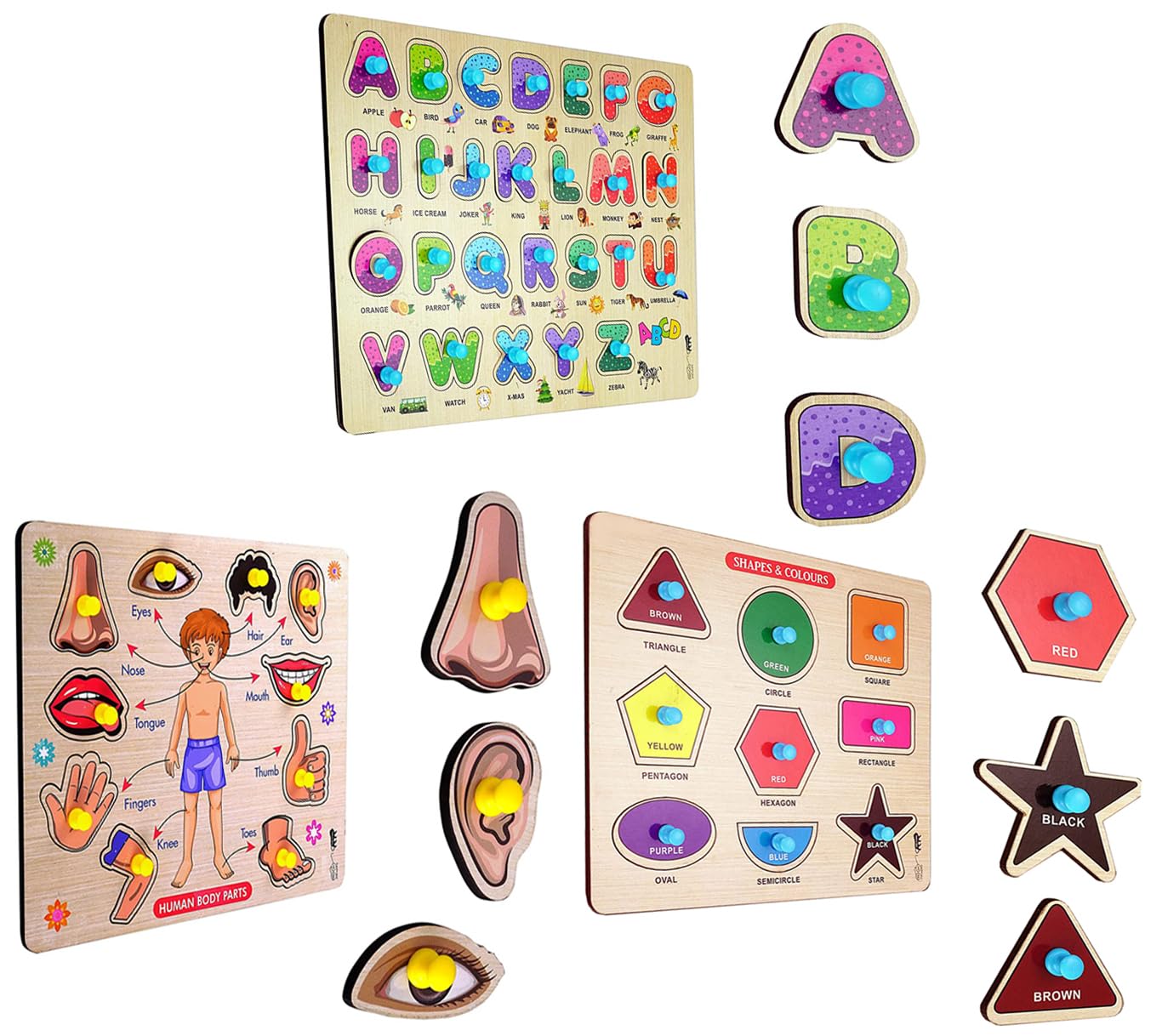 APPSTER Large Wooden Puzzle Toy Set for Kids & Adults - ABCs, Body Parts, Shapes & Colors - Educational Learning Board Game for Toddlers, Preschool & Family Fun - Perfect for Classroom, Homeschool & Playtime