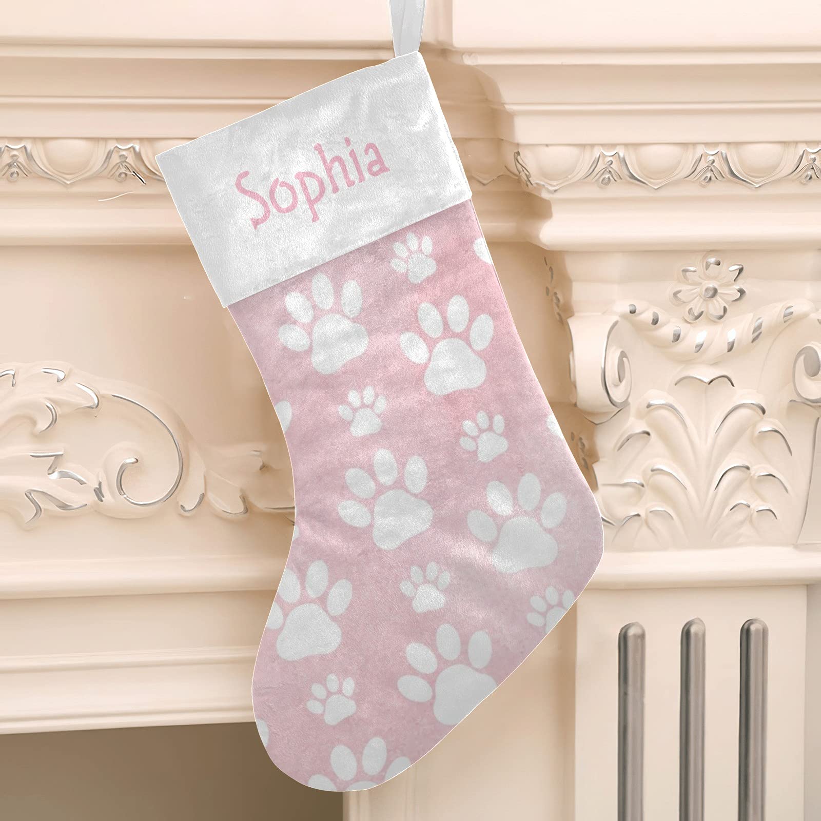 Personalized Pink Dog Paws Christmas Stockings with Name - 17.52 x 7.87 Inch Holiday Decor for Family, Pets & Festive Home Decor - Perfect for Xmas Gifts, Fireplace Mantel & Cozy Winter Celebrations