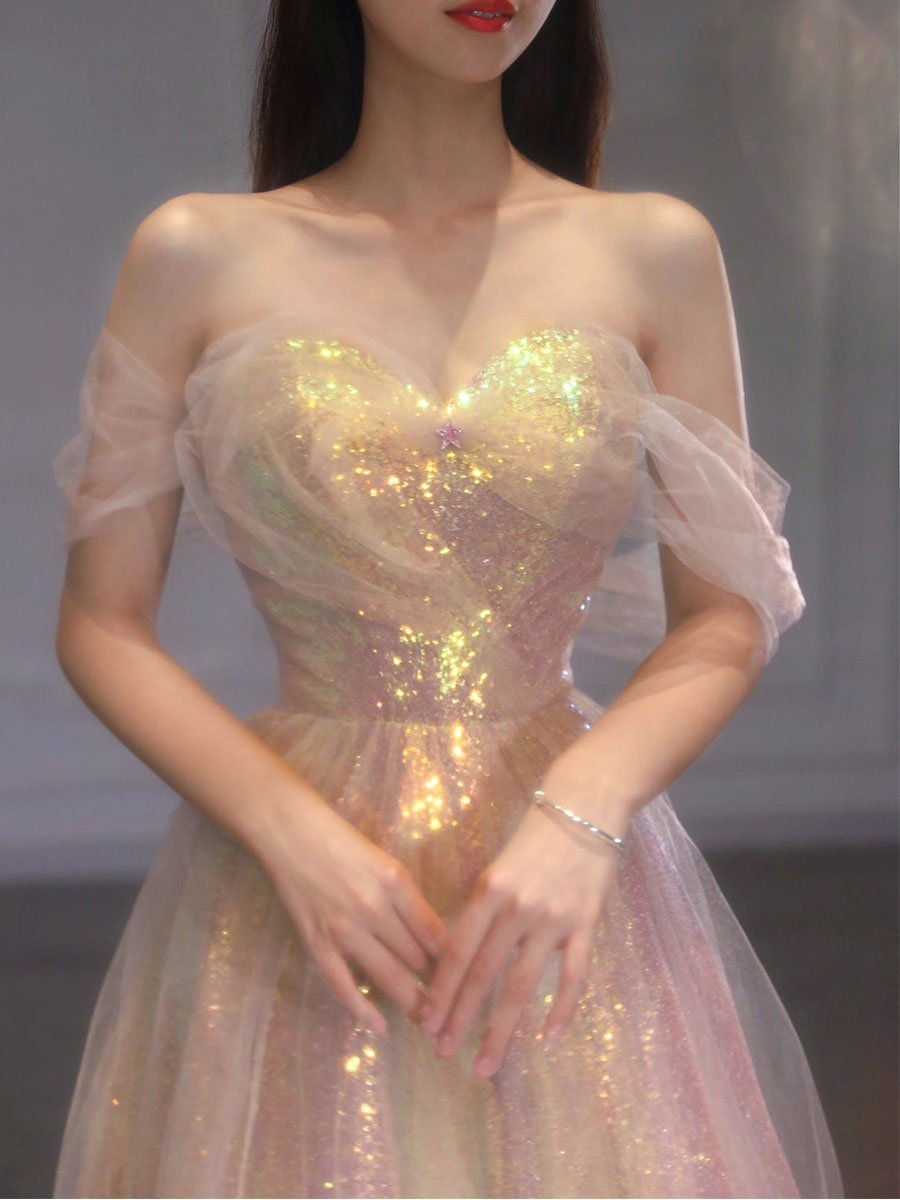 Elegant A-Line Tulle Sequin Long Prom Dress | Off-Shoulder Formal Graduation Gown for Women | Perfect for Homecoming, Prom Night & Special Occasions