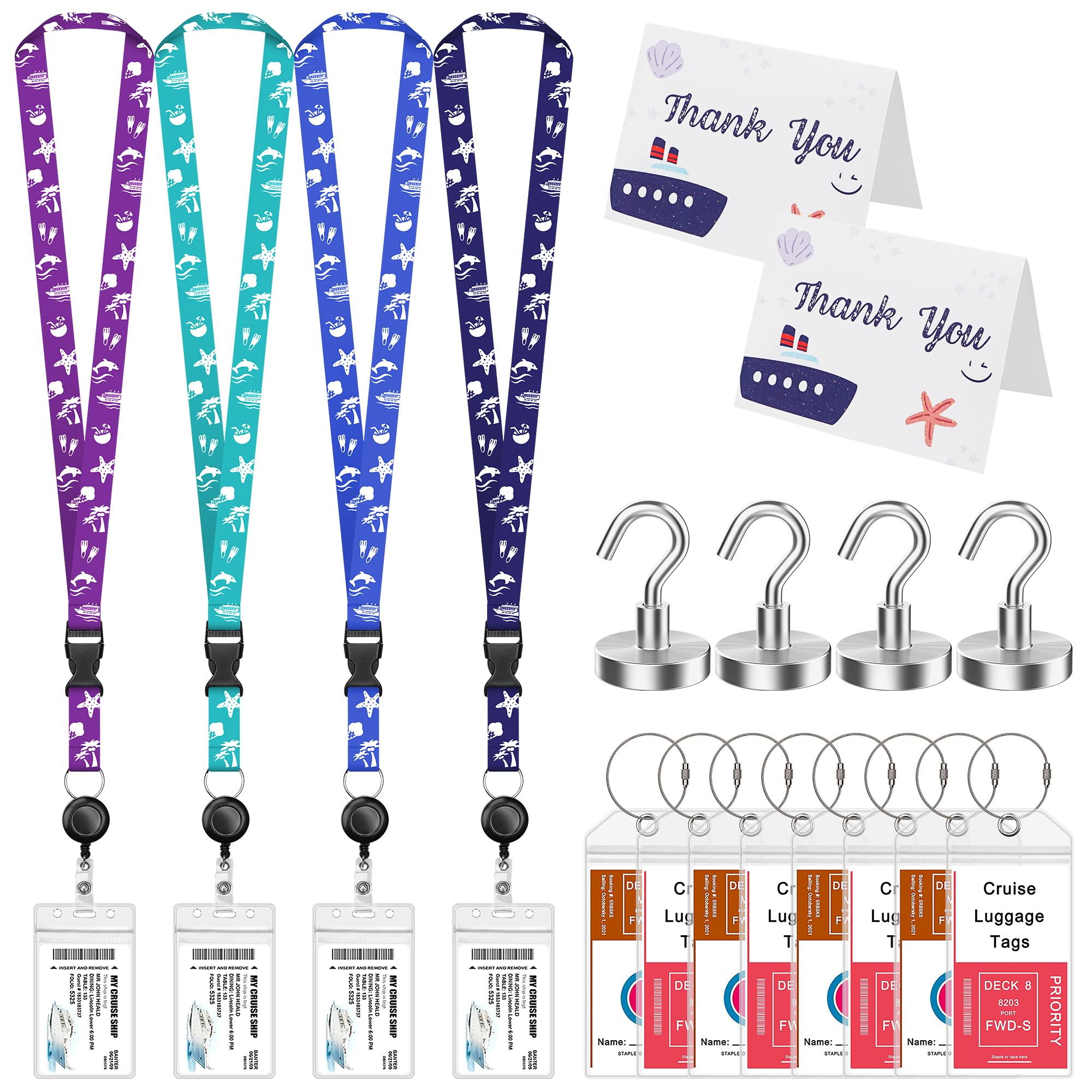 4-Pack Retractable Cruise Lanyards with ID Holder & Magnetic Hooks - Perfect for Cruise Travel