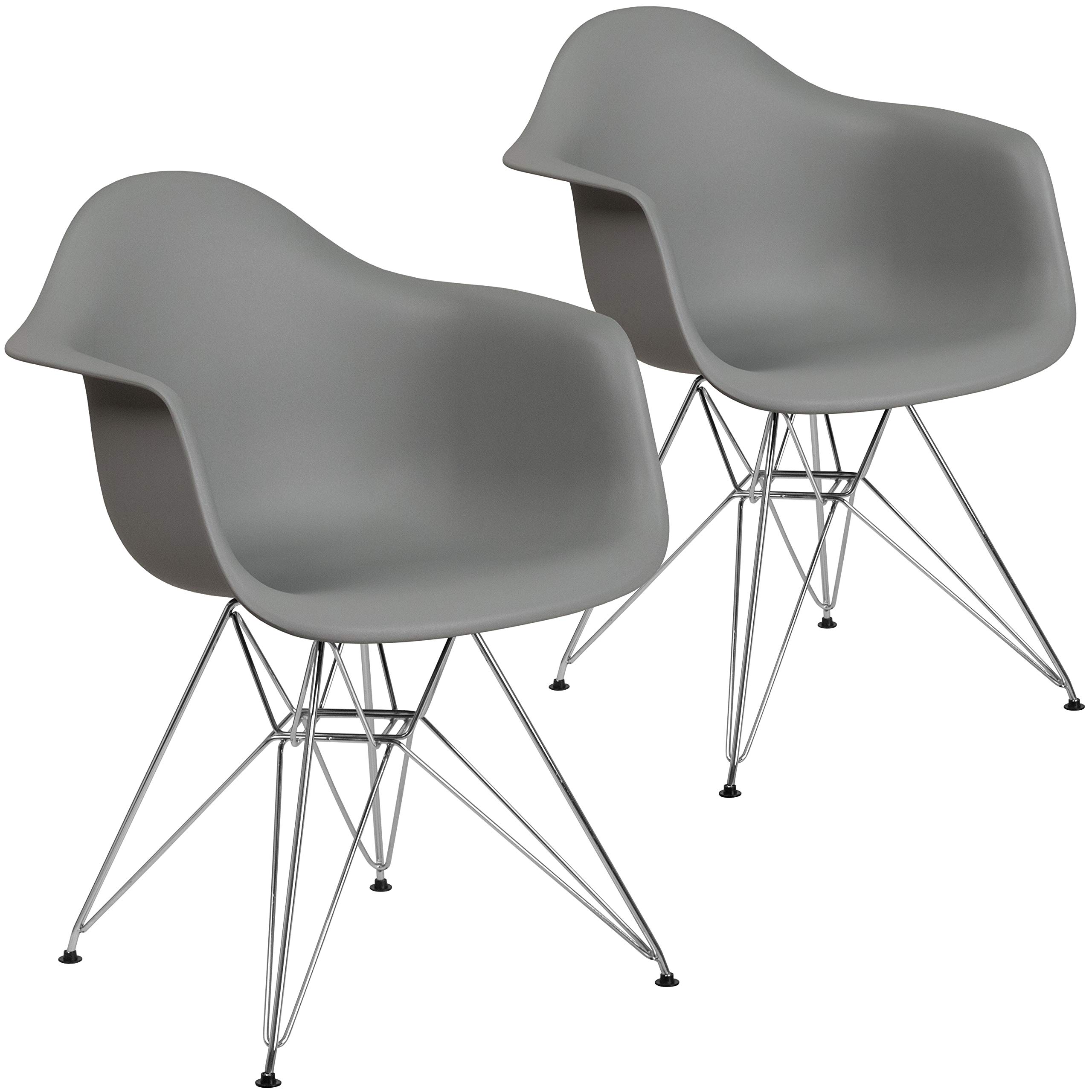 2 Pack Moss Gray Plastic Arm Chairs with Chrome Base - Modern Accent & Side Chairs for Dining Room, Kitchen, Office or Patio