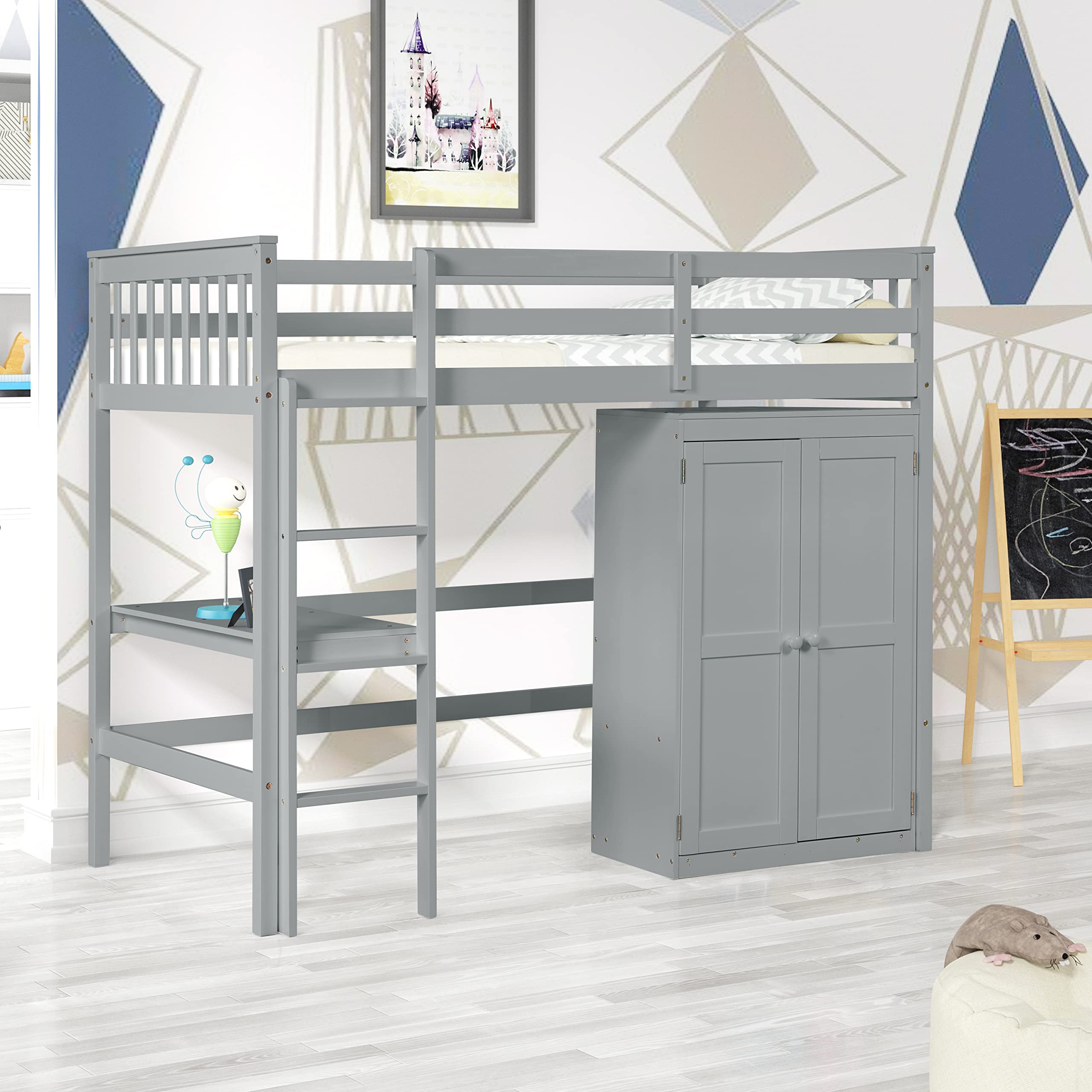 Harper & Bright Designs Twin Size Loft Bed with Desk & Wardrobe - Sturdy Wood Frame in Gray - Perfect for Kids' Bedrooms, Small Spaces & Dorm Rooms