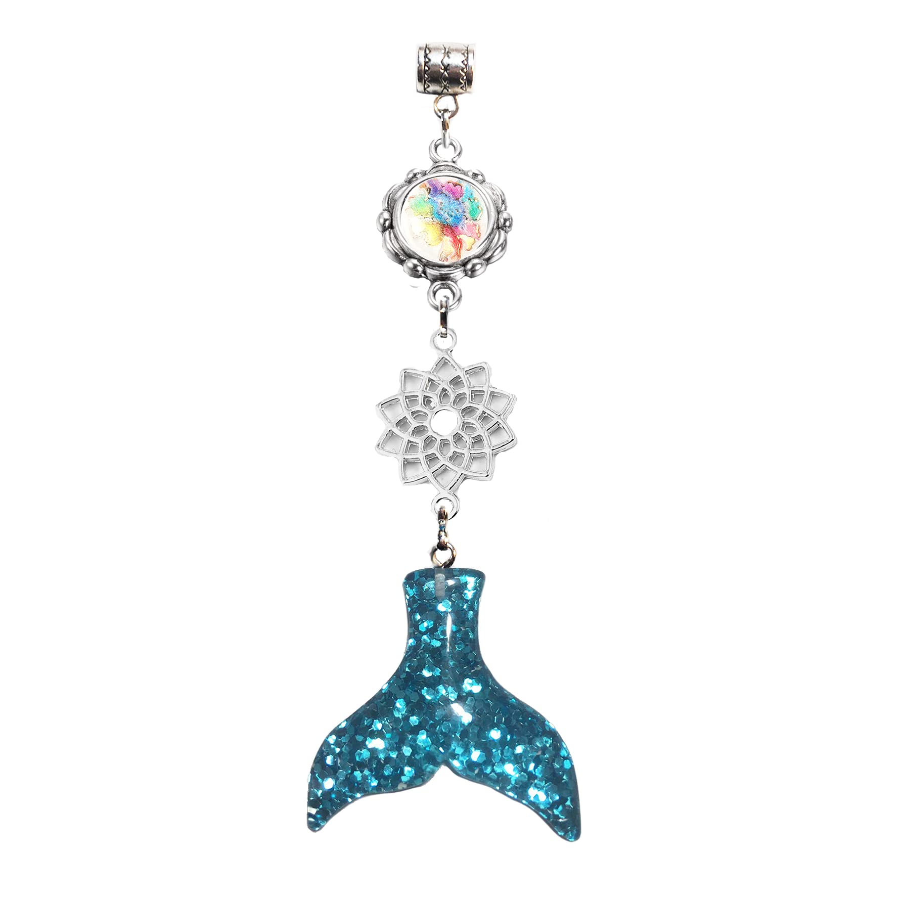 Handmade Bling Mirror Car Charm Hanger - Adjustable Chain Dream Catcher Ornament in Mermaid Tail Blue & Silver Glitter | Perfect for Rearview Mirror Decor, Car Accessories, Gift Ideas & Boho Style Vehicles