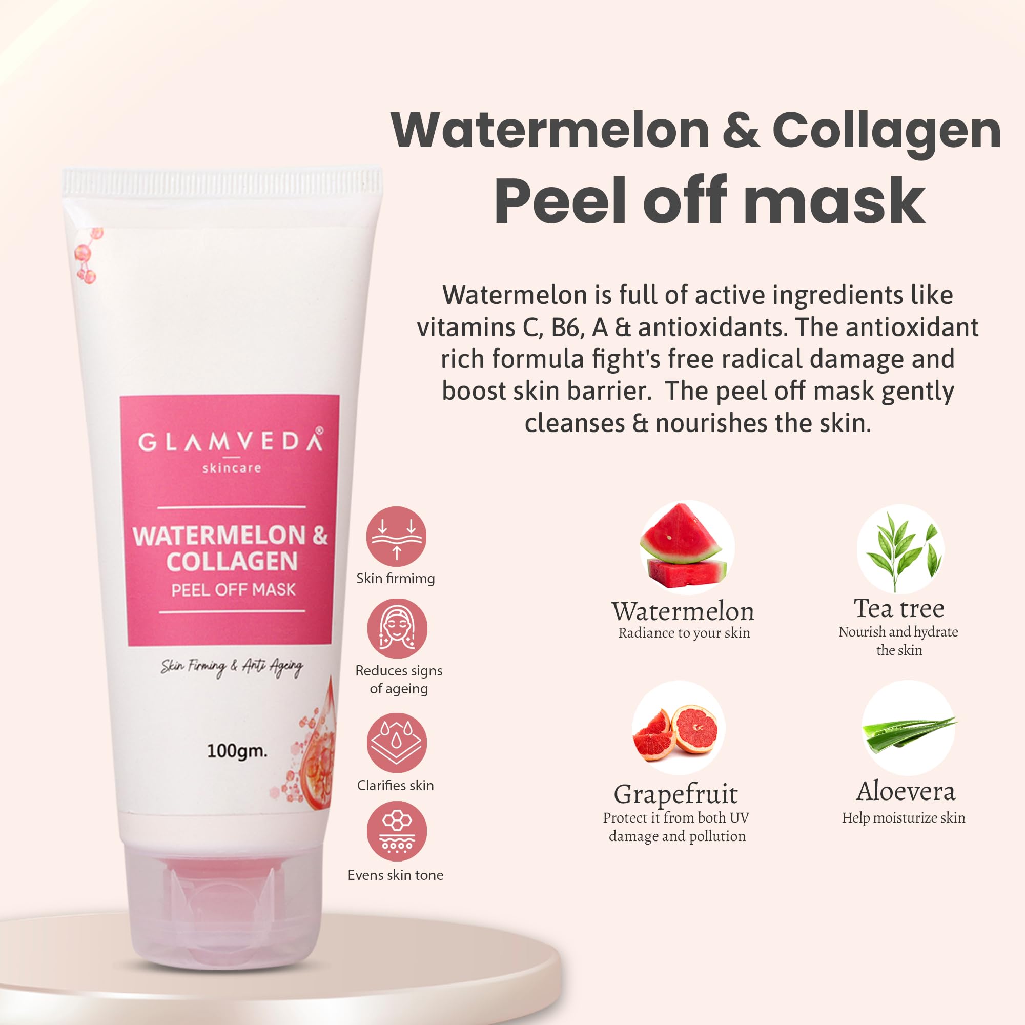 Glamveda Watermelon & Collagen Anti-Aging Face Wash & Peel Off Mask Combo - Reduces Wrinkles, Firms Skin, Brightens Complexion - Perfect for Daily Skincare Routine & Spa Night Self-Care