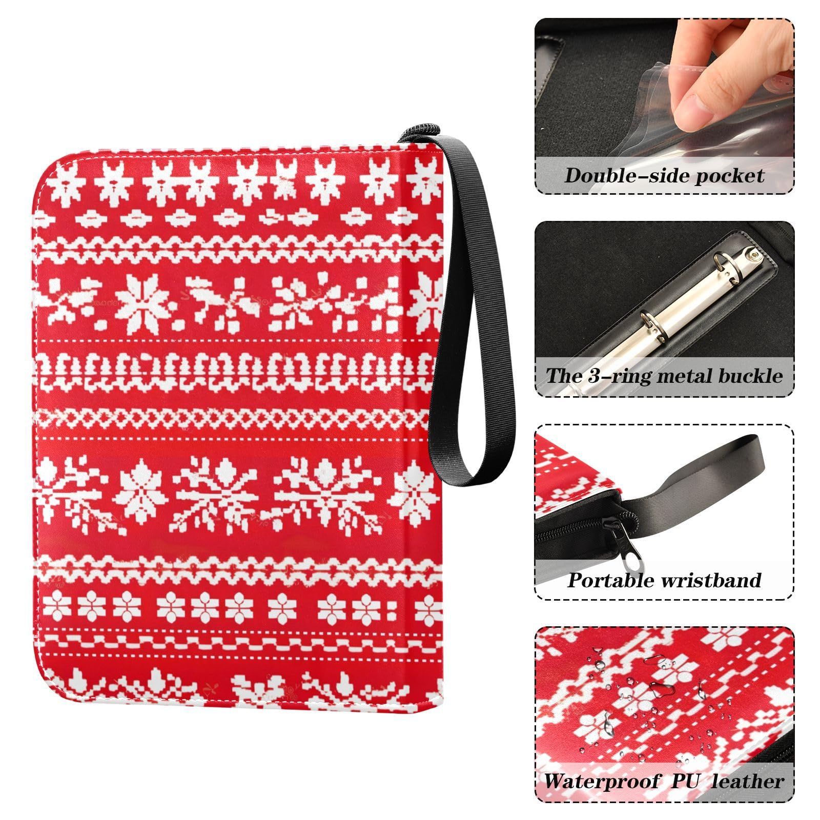 Christmas Snowflake Red & White 4-Pocket Trading Card Binder - Holds 400 Cards with 50 Protective Sleeves | 3-Ring Sports Card Album for Collectors | Perfect for Pokemon, MTG & Baseball Card Storage & Organization