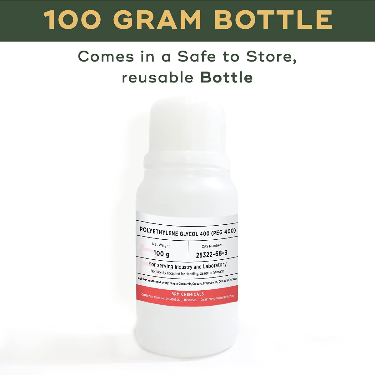 BRM Chemicals Polyethylene Glycol 400 (PEG 400) - 100g for Soap Making, Shampoo, Cosmetics, Moisturizer & Lotion | DIY Personal Care for Face, Hair, Skin & Body | Perfect for Home Use, Skincare Formulations & Cosmetic Manufacturing (Pack of 1)