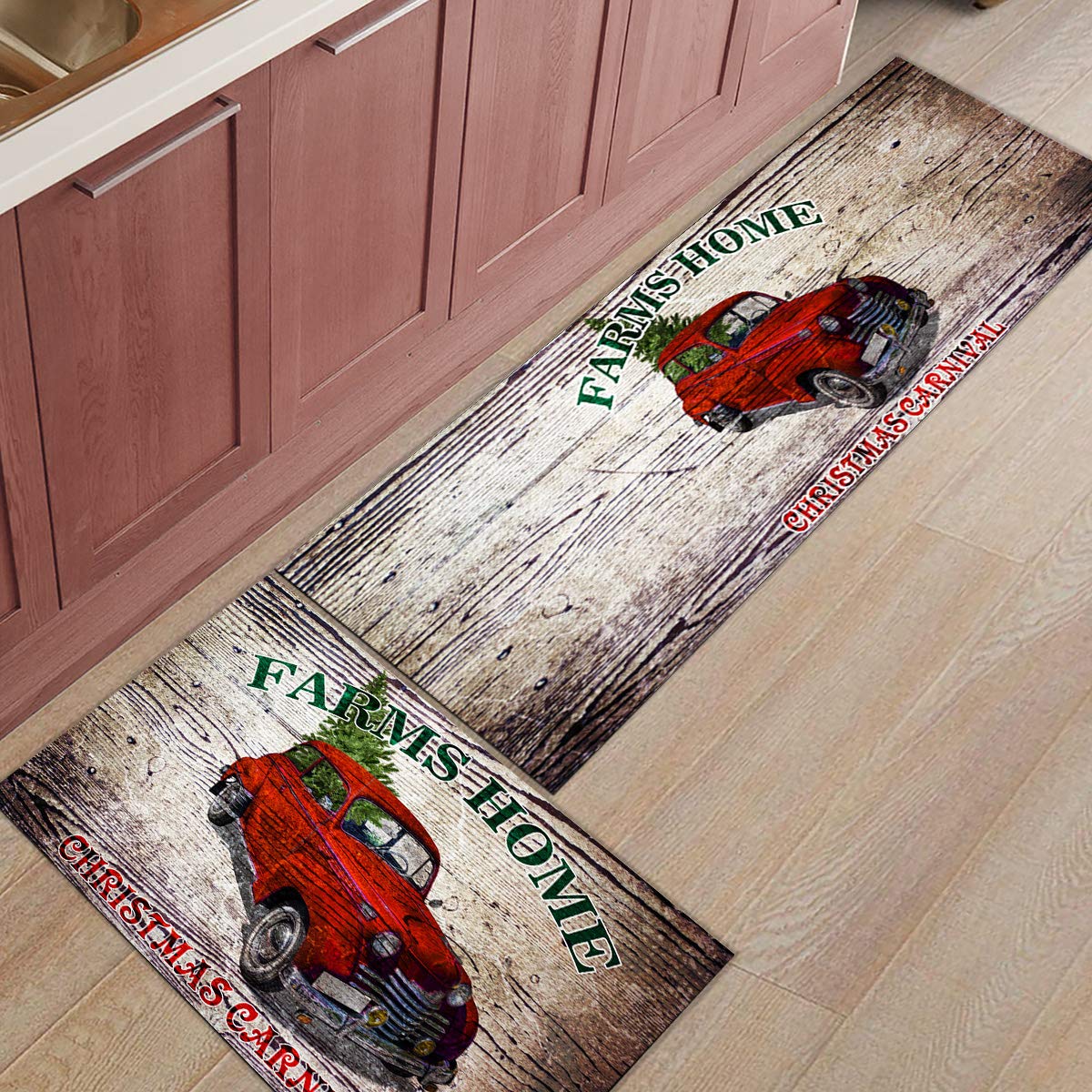 Farmhouse Christmas Kitchen Runner Rug - Non-Slip Red Truck & Tree Design Rustic Wooden Board Floor Mat for Laundry, Bedside, Bathroom, Bedroom - Set of 2 - Perfect for Holiday Decor & Cozy Home Accents