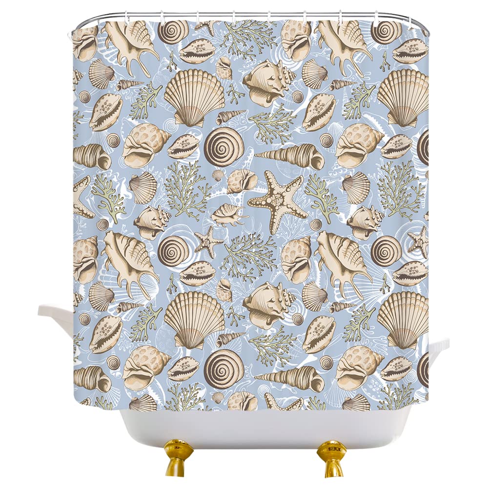 Starfish Shower Curtain - Coastal Beach Decor with Seashells, Conch & Coral Print - Waterproof Fabric Bathroom Curtain with Hooks - Perfect for Nautical, Ocean & Marine Life Themed Bathrooms