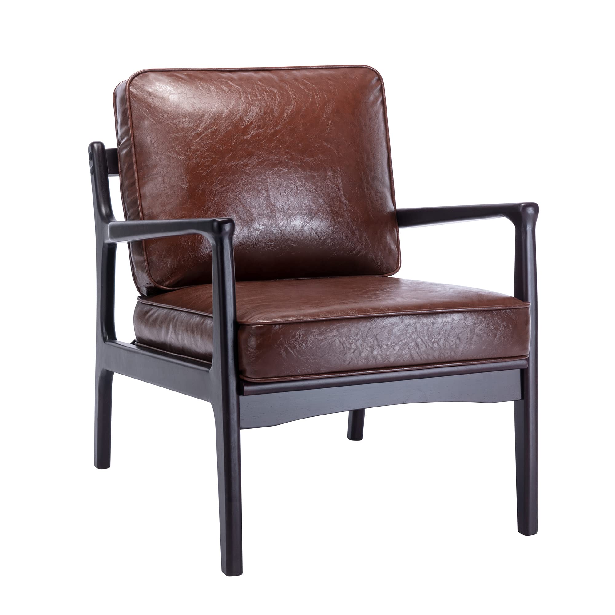 YILFANA Mid Century Modern Arm Chair with Wood Frame & Cushion - Brown PU Upholstered Accent Chair for Living Room, Bedroom, Home Office - Perfect Lounge Chair for Reading, Relaxing & Decor