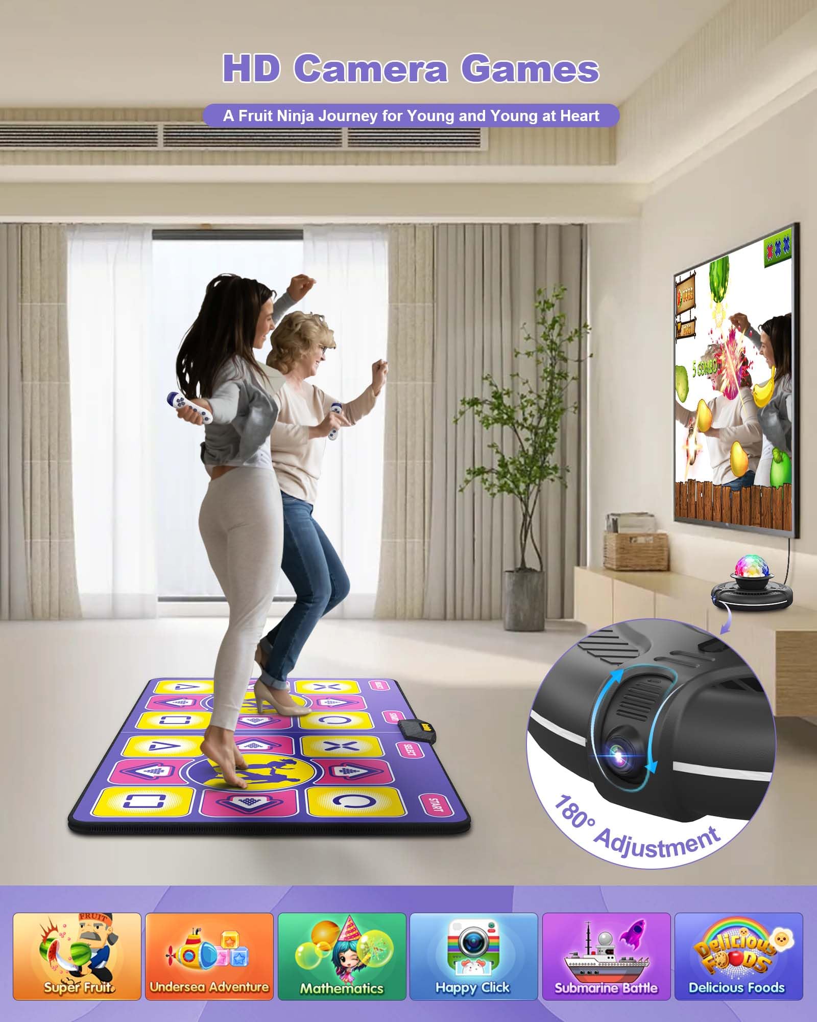 Wireless Electronic Dance Mat for TV with Camera - Non-Slip Exercise Dance Pad with Yoga Mode for Kids & Adults - Family-Friendly Interactive Game Mat Toy Gift for Girls & Boys (Purple) - Perfect for Home Fitness, Dance Parties, Yoga Practice & Family Game Nights