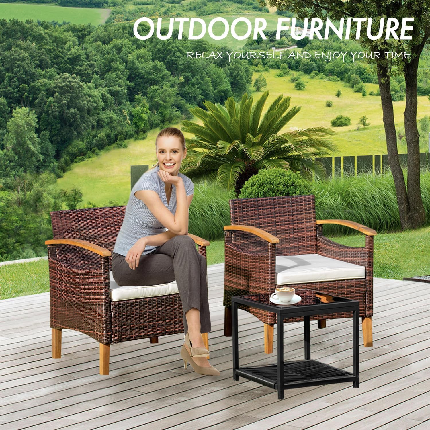 3-Piece Brown Wicker Patio Furniture Set with Table & 2 Chairs - Outdoor Conversation Set for Backyard, Porch, Balcony or Garden - Perfect for Relaxing, Entertaining & Outdoor Dining