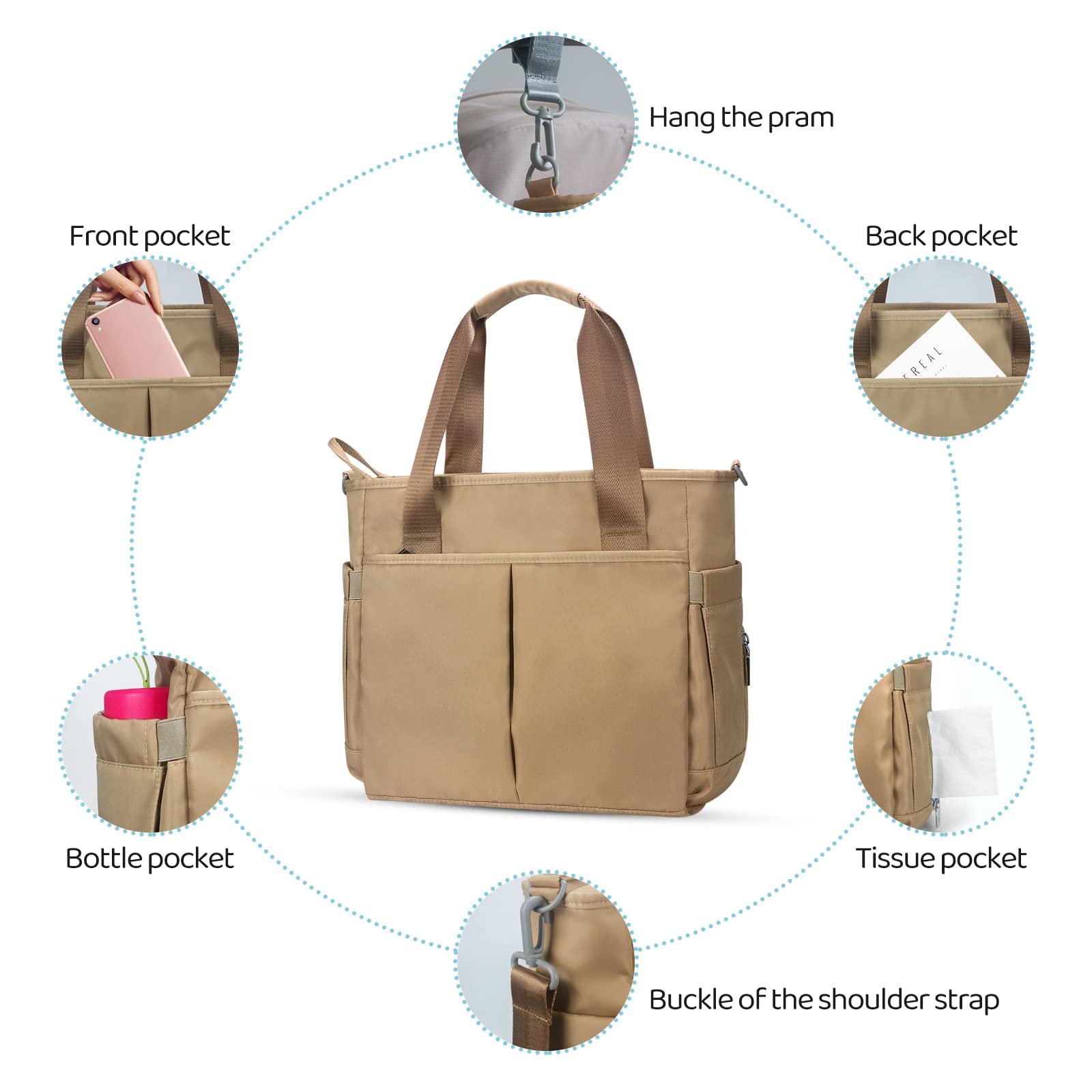 Waterproof Diaper Bag for Moms & Dads - Large Multifunctional Travel Tote with Insulated Pockets, Stroller Straps & Changing Pad (Khaki) | Perfect for Daycare, Family Outings & Baby Travel Essentials