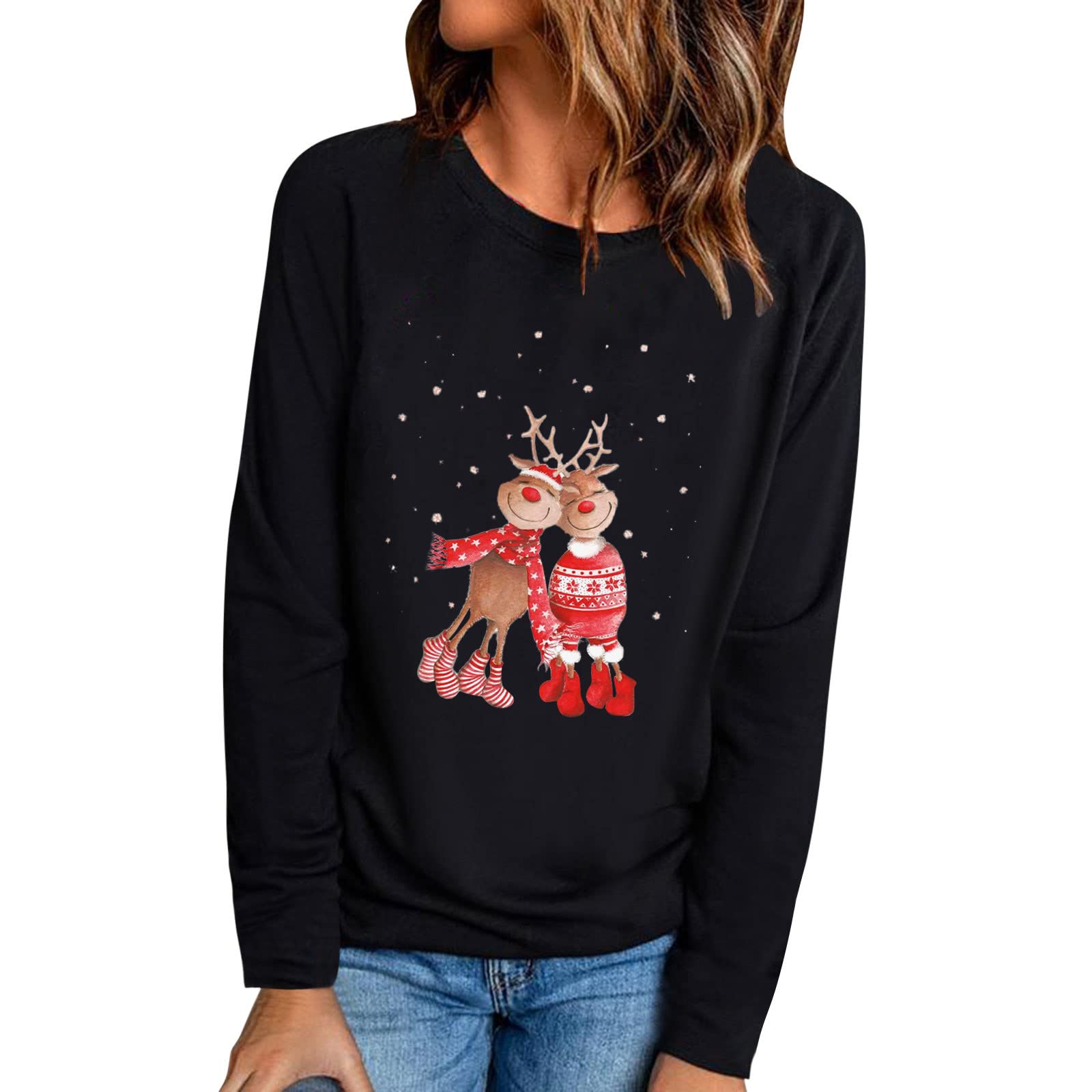 Women's Casual Christmas Print Long Sleeve T-Shirt - Loose Fit Tunic Blouse for Holiday Parties, Family Gatherings & Winter Daily Wear