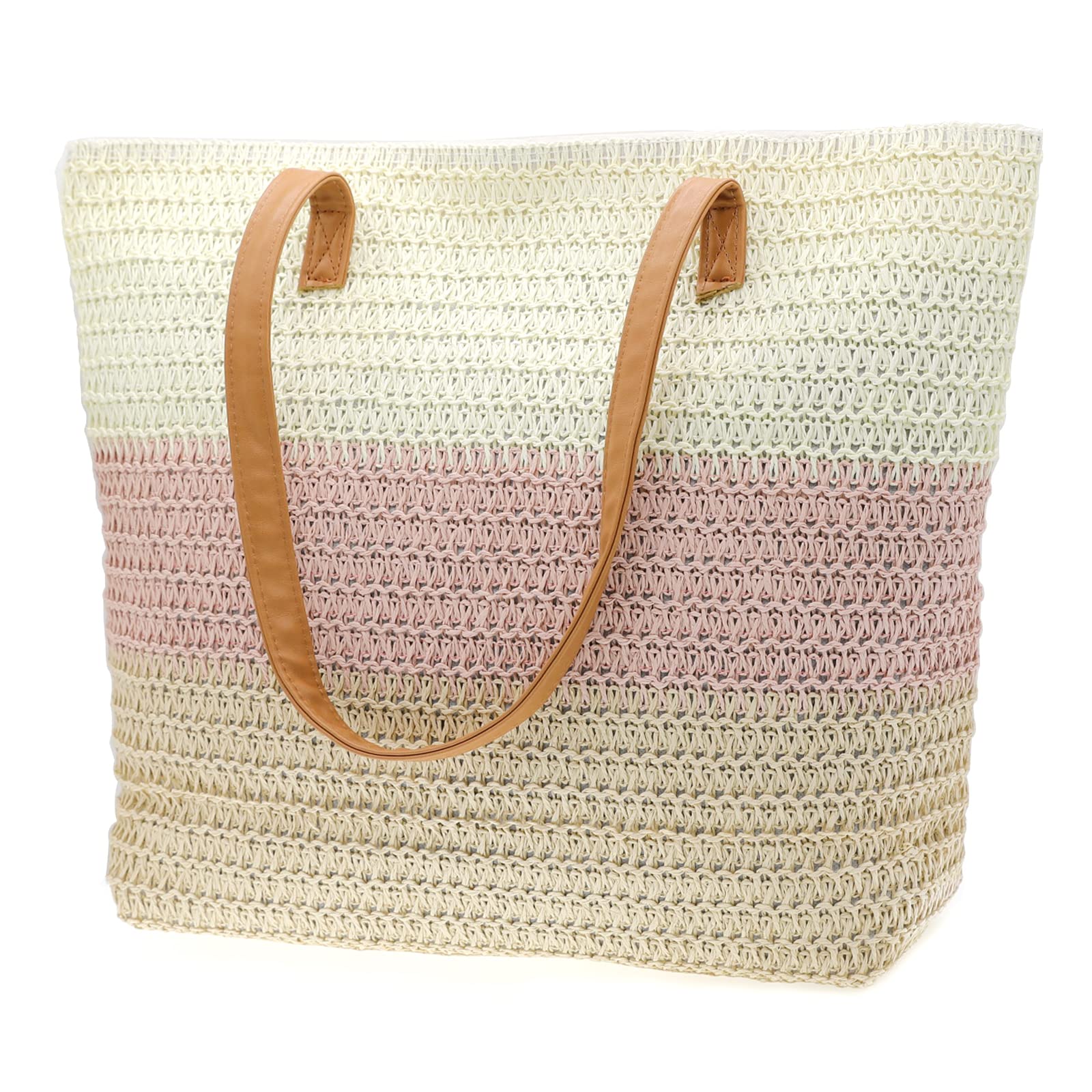 Large Straw Tote Bag for Women - Rattan Woven Beach Bag with Colorful Stripes - Perfect for Summer Vacations, Picnics, and Poolside Outings