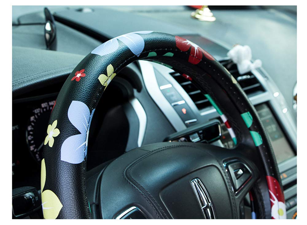 Dotesy Leather Floral Steering Wheel Cover - Universal Fit 36-38cm, Anti-Slip Car Interior Accessory for Women (Black Red) | Fashionable Protection & Decor for Daily Commute, Road Trips & Gift Giving