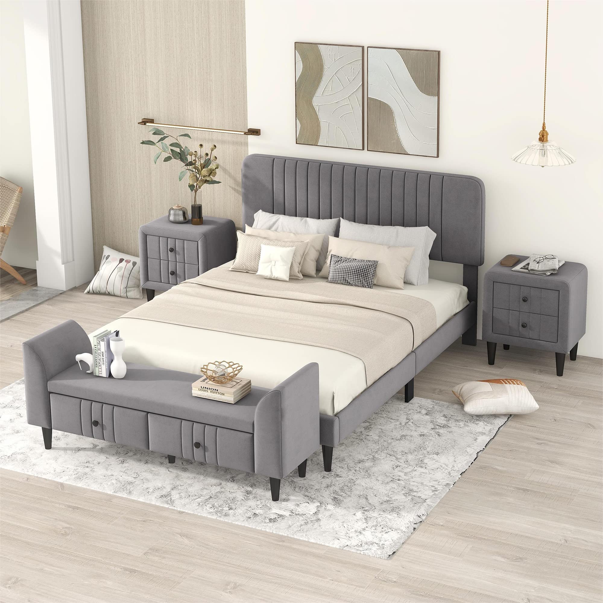 Harper & Bright Designs Queen Size Upholstered Platform Bed Set with 2 Nightstands & Storage Bench - 4 Piece Velvet Bedroom Furniture Set in Gray, Easy Assembly for Modern Bedrooms & Guest Rooms