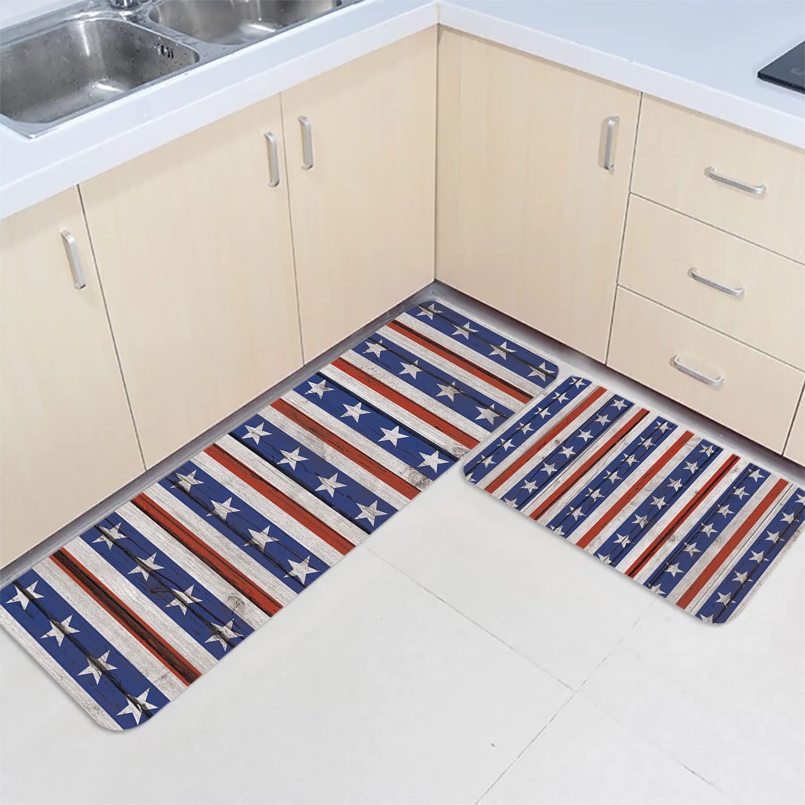 2-Pack Waterproof Anti-Skid Wooden Board Kitchen Mats - Non-Slip Comfort Standing Rugs for Kitchen, Office, Sink & Laundry - Vintage Stars and Stripes Design for Independence Day Decor | Perfect for Home, RV & Camping Use