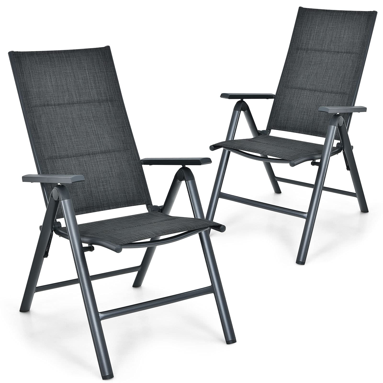 Giantex Set of 2 Adjustable Folding Patio Chairs with Padded Seat - 7-Position Reclining Outdoor Lounge Chairs, Durable Aluminum Frame & High Back Support for Poolside, Deck, Garden, and Balcony Relaxation - Gray