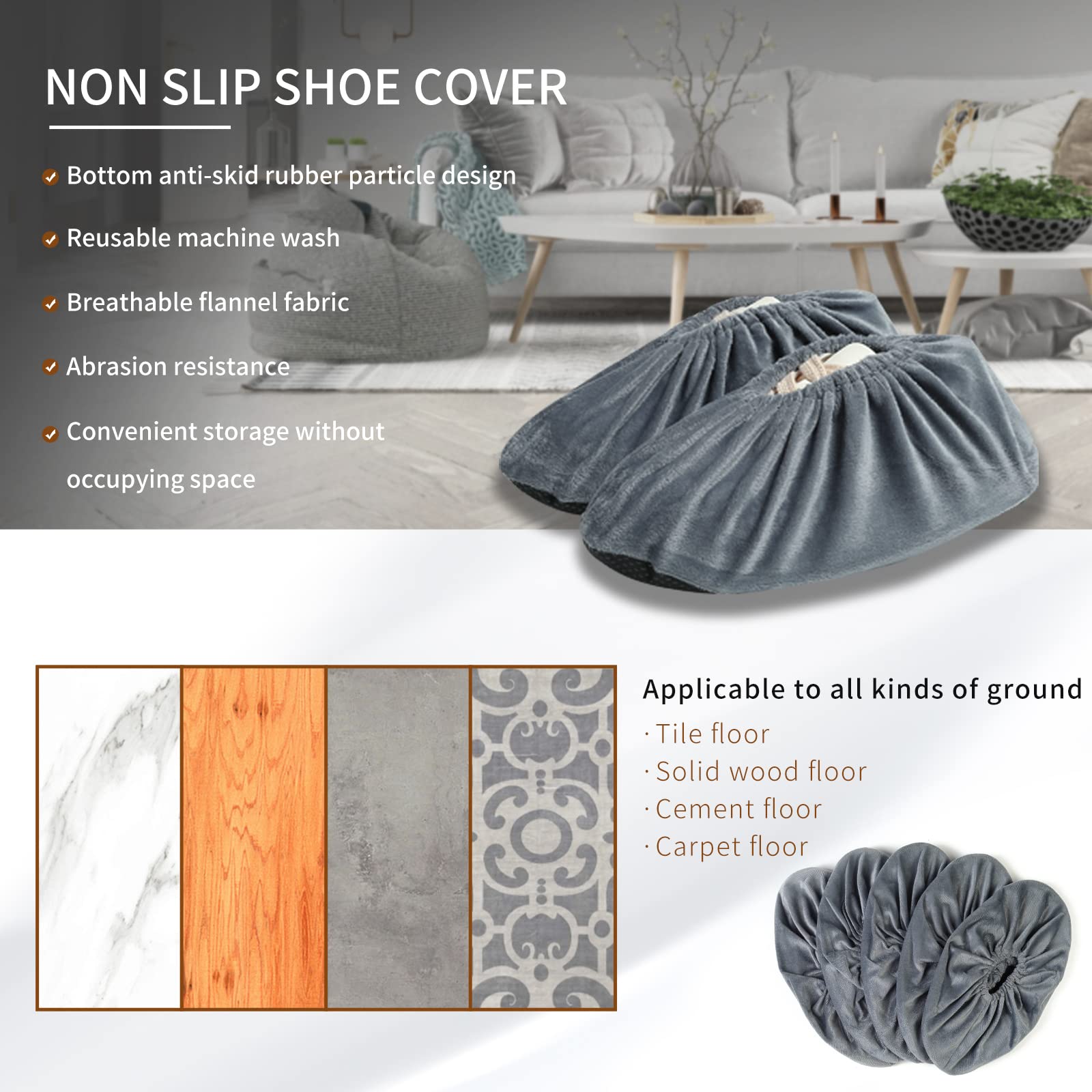 5 Pairs Reusable Non-Slip Shoe Covers - Washable Thickened Universal Foot Boot Protectors for Home, Laboratory & Indoor Use (Grey) - Perfect for Healthcare Workers, Clean Rooms & Home Protection