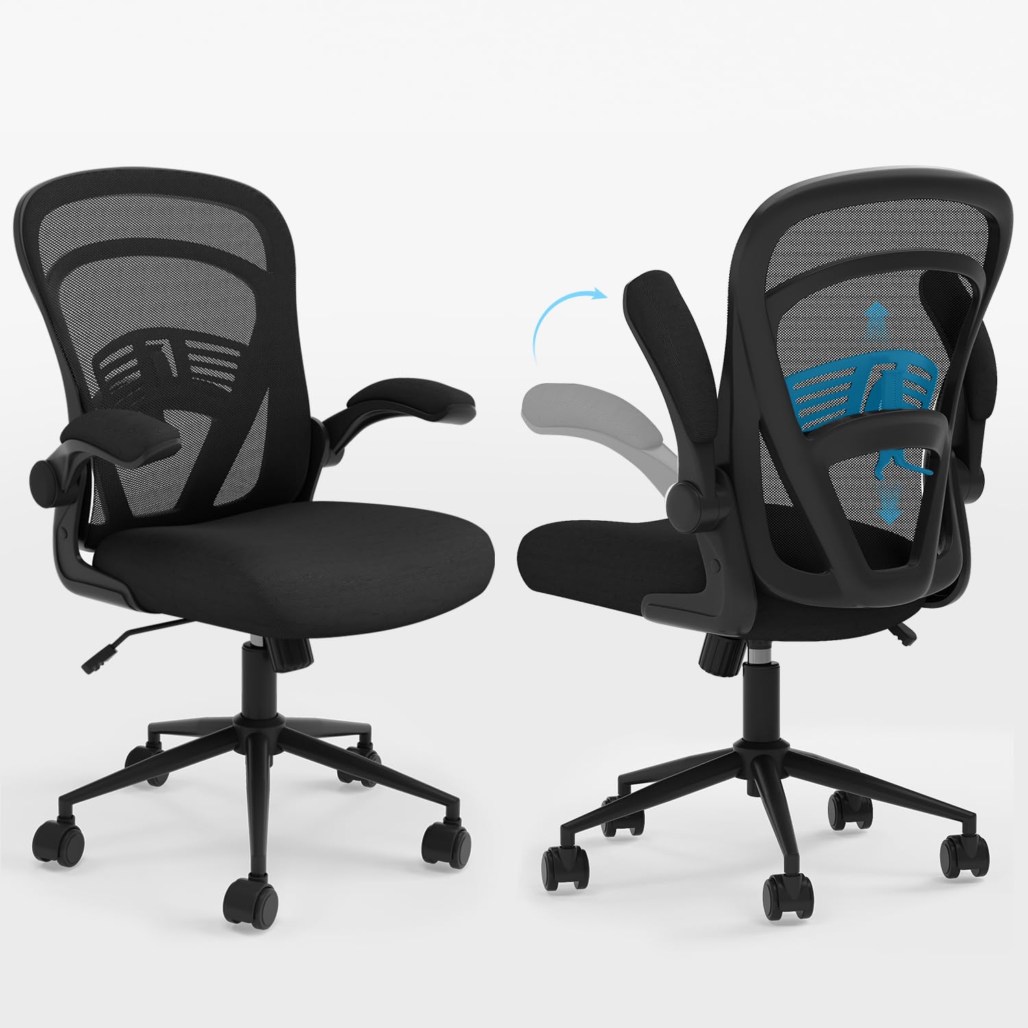 Ergonomic Mesh Office Chair with Wheels - Adjustable Lumbar Support & Flip-Up Arms, Swivel Computer Desk Chair for Home & Office Use - Comfortable Black Task Chair for Long Working Hours
