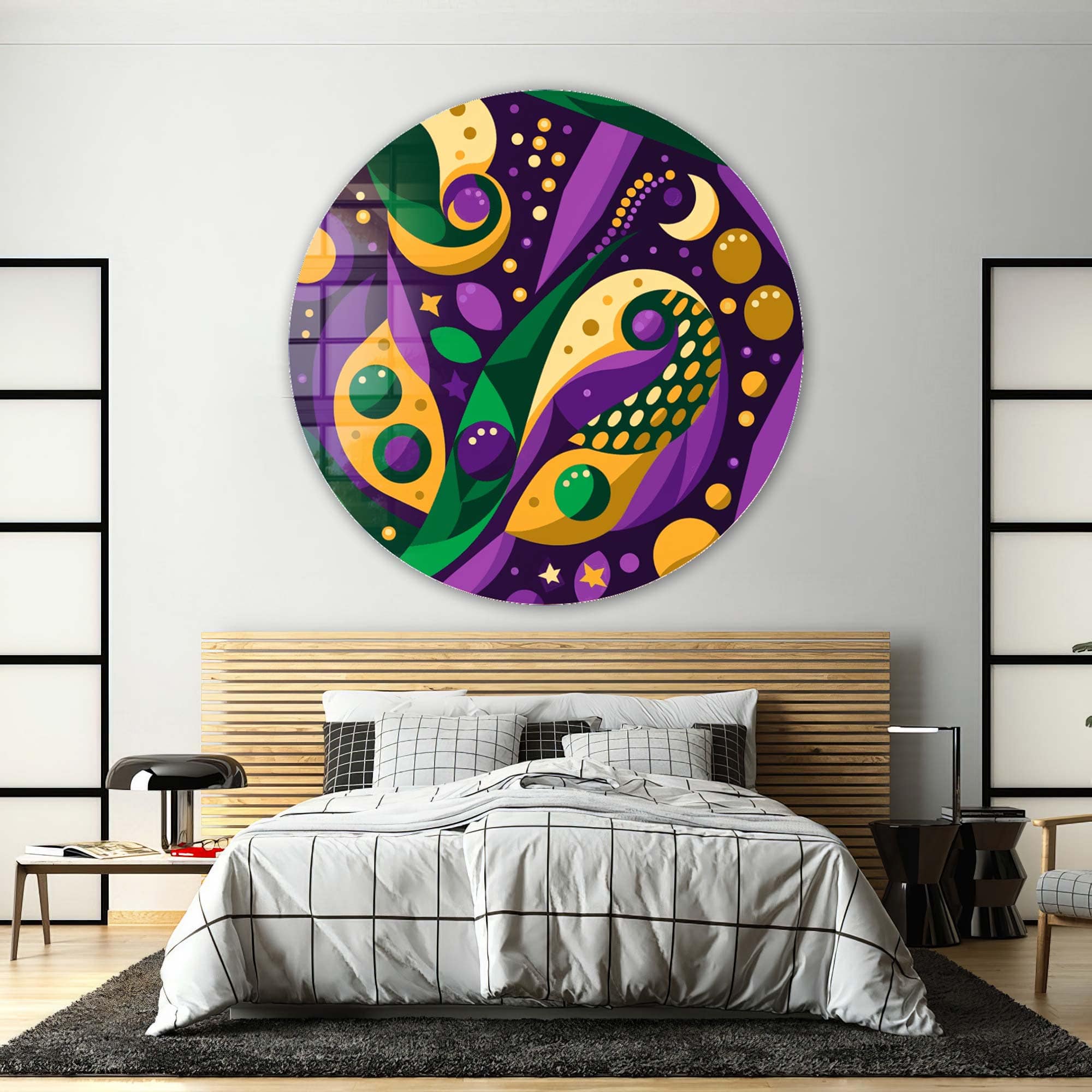 Geometric Purple Rounded Glass Wall Art - Modern Home Decor for Living Room, Bedroom & Office - Handmade Glass Artwork for Stylish Interior Design