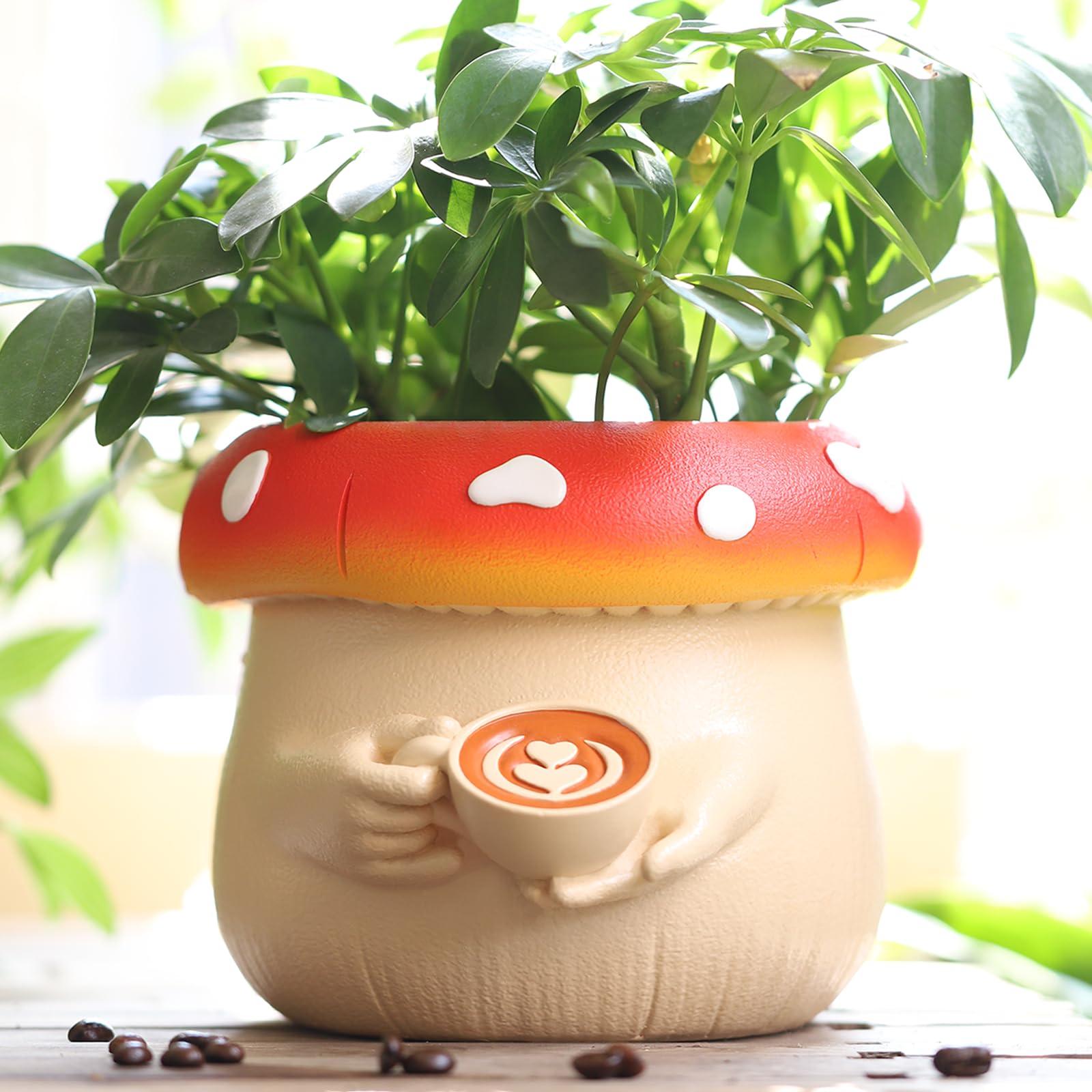 GUGUGO Cute Mushroom-Shaped Coffee Cup Planter - Colorful Flower Pot with Drainage Hole for Succulents, Small Indoor Plants - Unique Gardening Gift for Coffee Lovers (Perfect for Home Decor, Office Desk & Funny Plant Gifts)