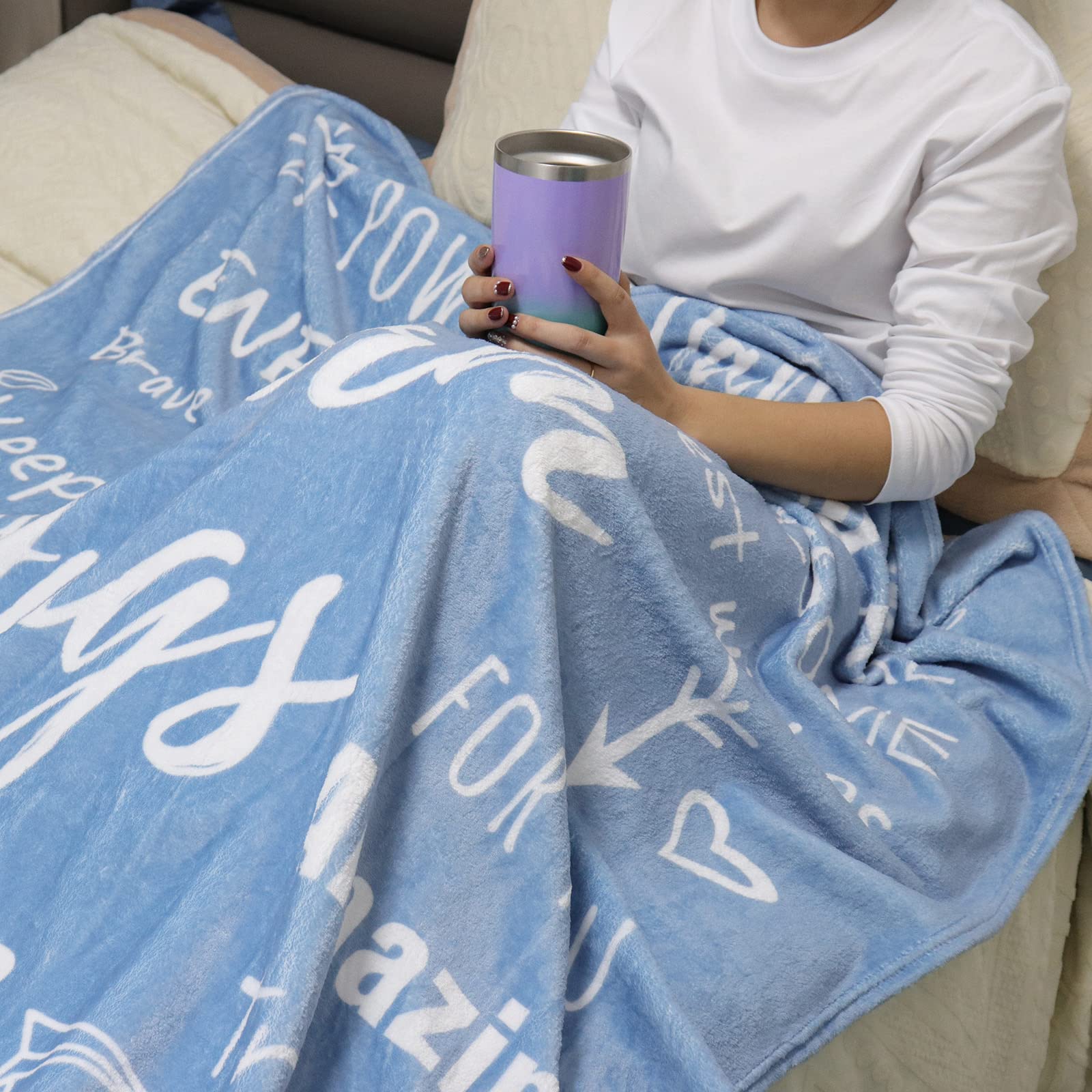 Get Well Soon Gifts for Women & Men - Inspirational Warm Hugs Throw Blanket (50x60 Inches, Blue) | Perfect for Hospital Recovery, Chemotherapy Comfort & Cozy Home Use