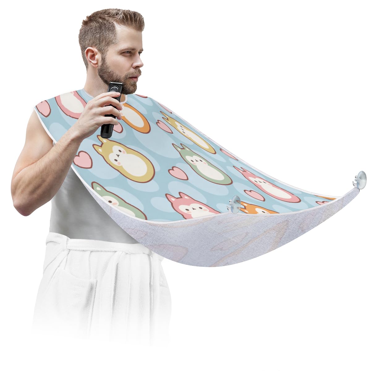 Cute Fox Love Heart Beard Bib Hair Catcher for Men - Non-Stick Shaving Apron with Suction Cups - Perfect Grooming Cloth for Husband & Dad - Ideal for Barbershops, Home Shaving & Birthday Gifts