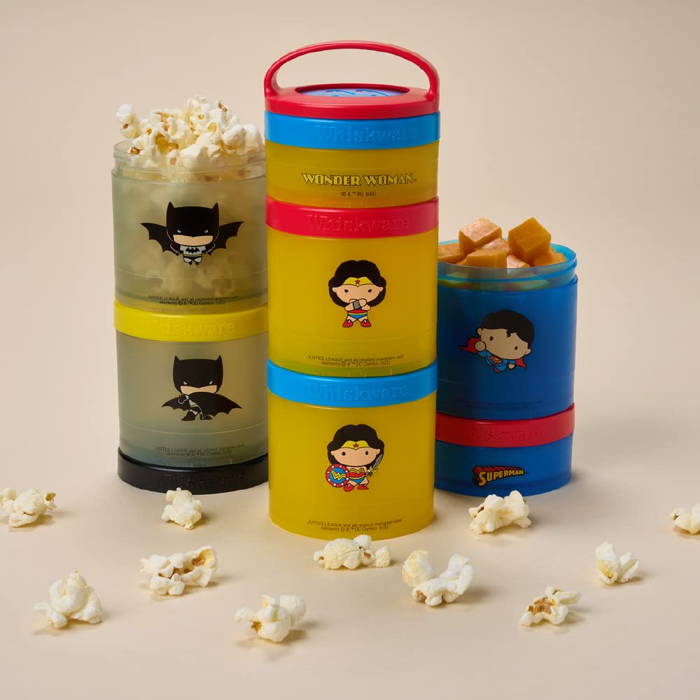 Justice League Stackable Snack Containers for Kids - 3-Pack Batman Themed Reusable Food Storage Cups | Perfect for School Lunches, Travel Snacks & On-the-Go Toddler Meals