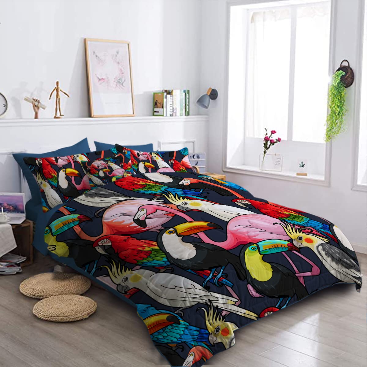 BlessLiving 8-Piece Tropical Bird Comforter Set - Exotic Wildlife Queen Size Bedding with Comforter, Sheets, Pillowcases, Shams & Cushion Cover - Perfect for Jungle Themed Bedrooms & Wildlife Lovers