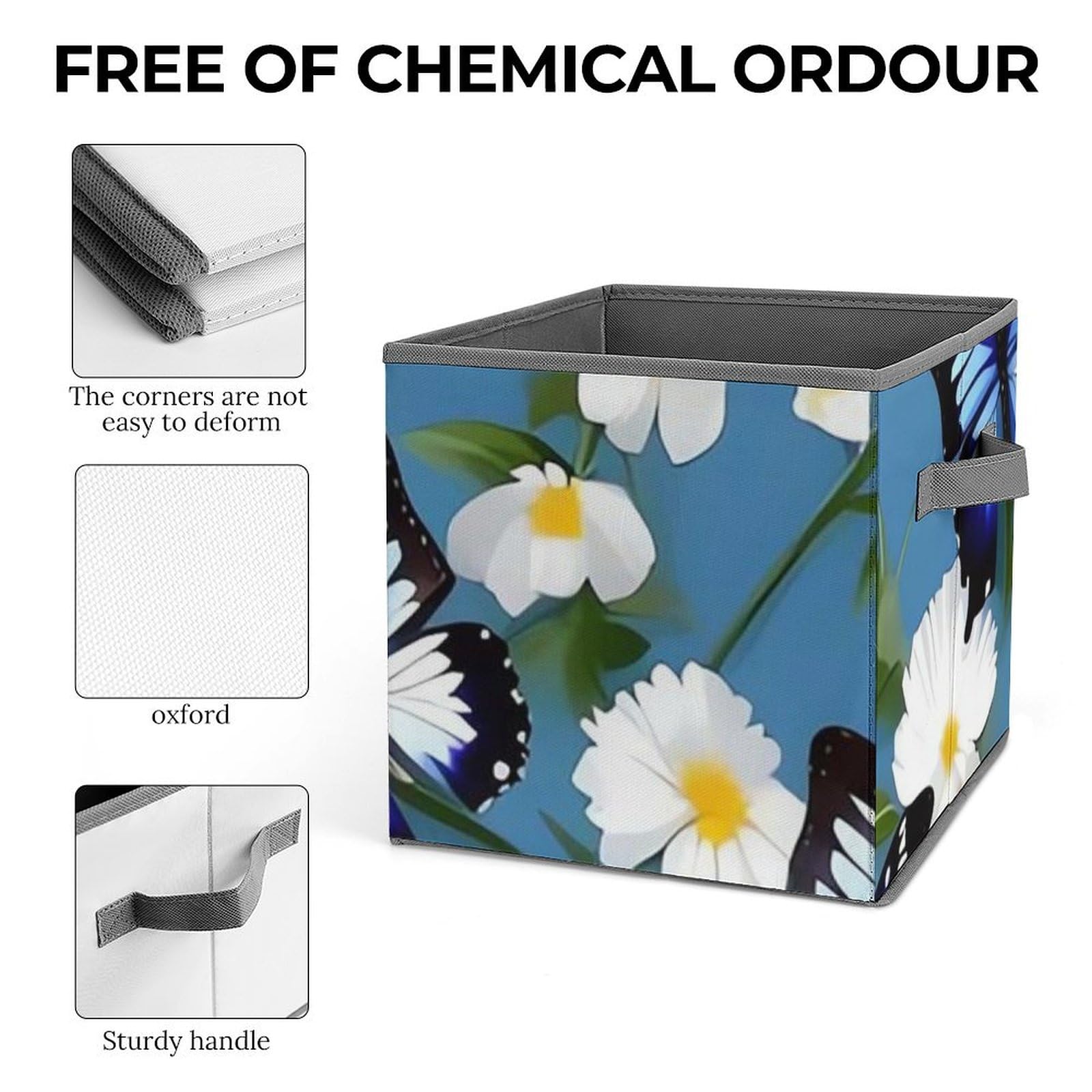 Blue Butterfly & White Floral Pattern Collapsible Storage Bin - 10.6