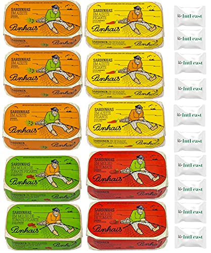 Pinhais Portuguese Sardines Variety Pack - 10 Cans (4.4 oz Each) | Virgin Olive Oil, Spicy, Tomato Sauce | Gourmet Canned Fish for Salads, Pasta & Charcuterie Boards | Includes 10 Intfeast Mints