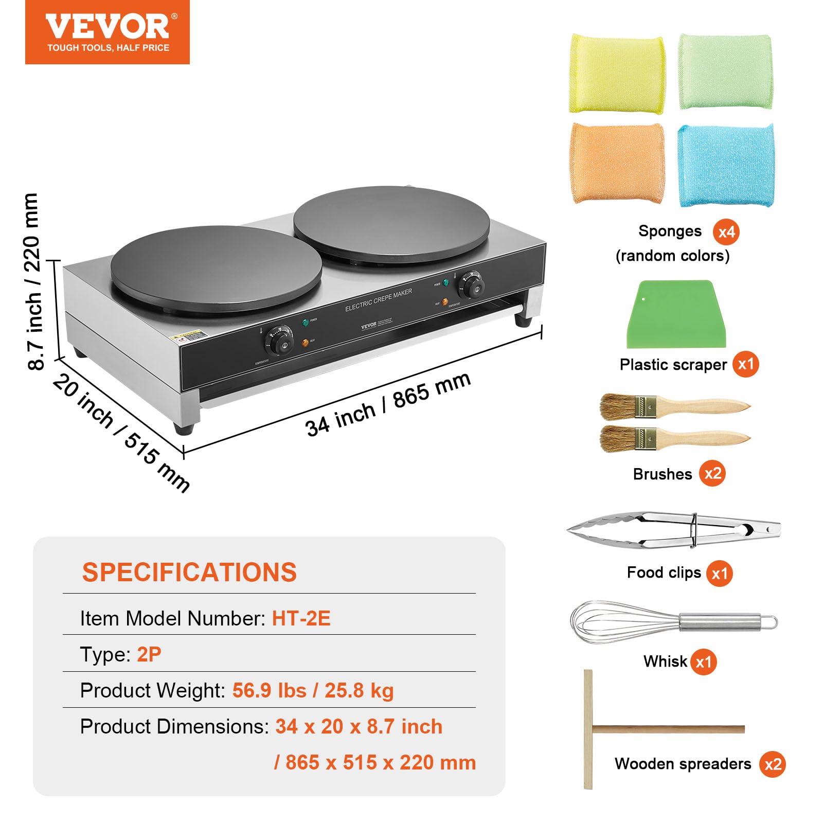 VEVOR 16-Inch Commercial Electric Crepe Maker - 3400W Double Head Nonstick Griddle with Temperature Control | Stainless Steel Pancake Machine for Breakfast, Desserts & Catering Business