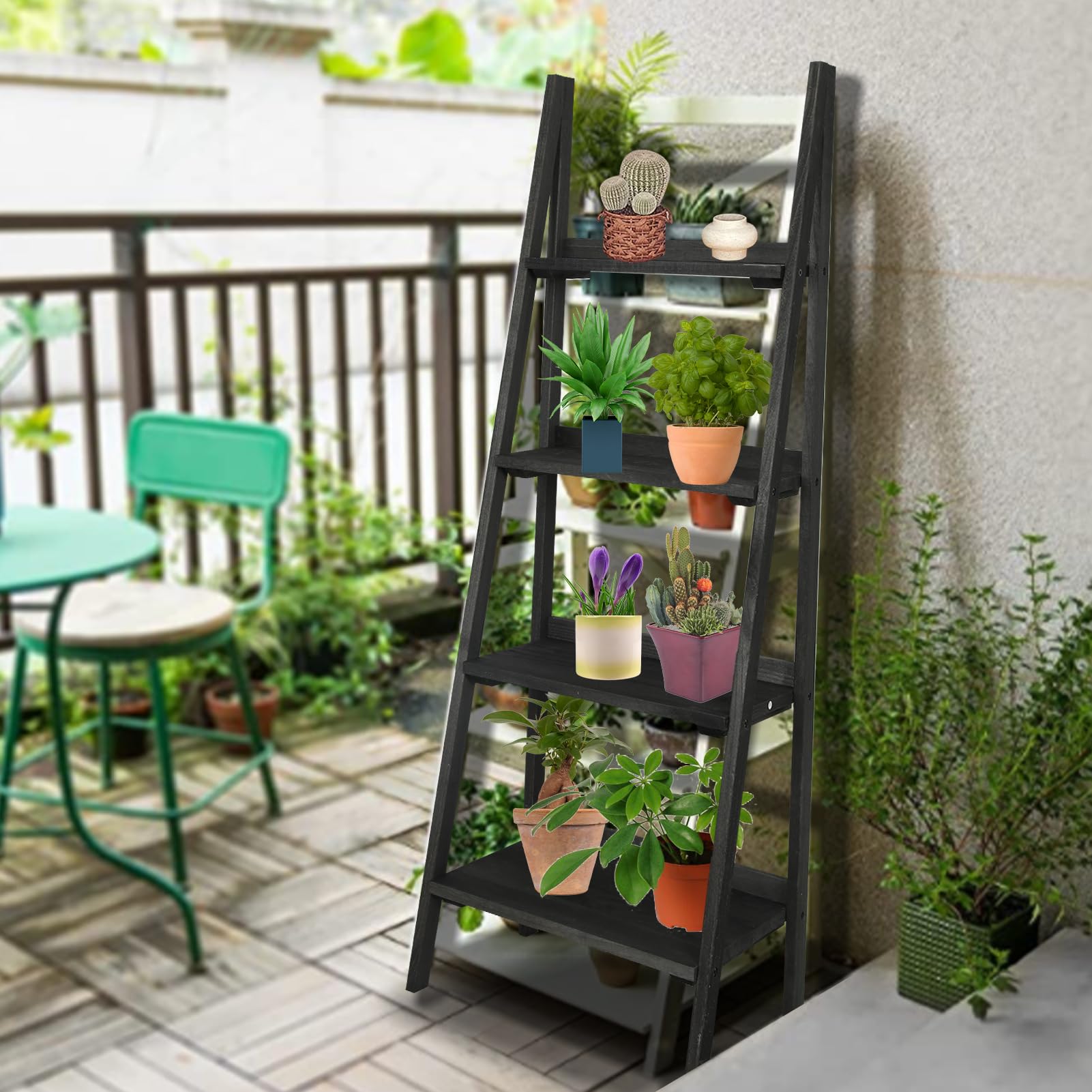 Babion 4-Tier Industrial Ladder Shelf - Sturdy Wooden Leaning Bookcase with Stable Frame | Multi-Purpose Storage Rack for Books, Plants & Decor | Perfect for Home, Bedroom, Kitchen & Office Organization