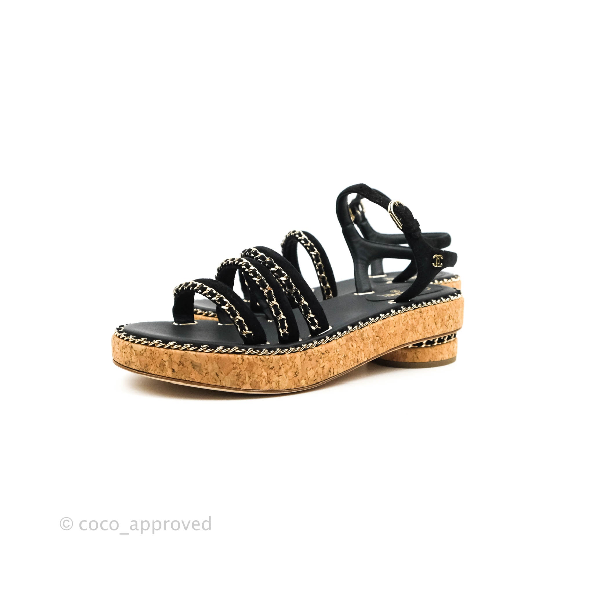 Chanel CC Chain Cork Sandals for Women - Black Leather Summer Slide Sandals Size 37.5 (US 7) | Comfortable Luxury Designer Shoes for Beach, Vacation & Casual Outings