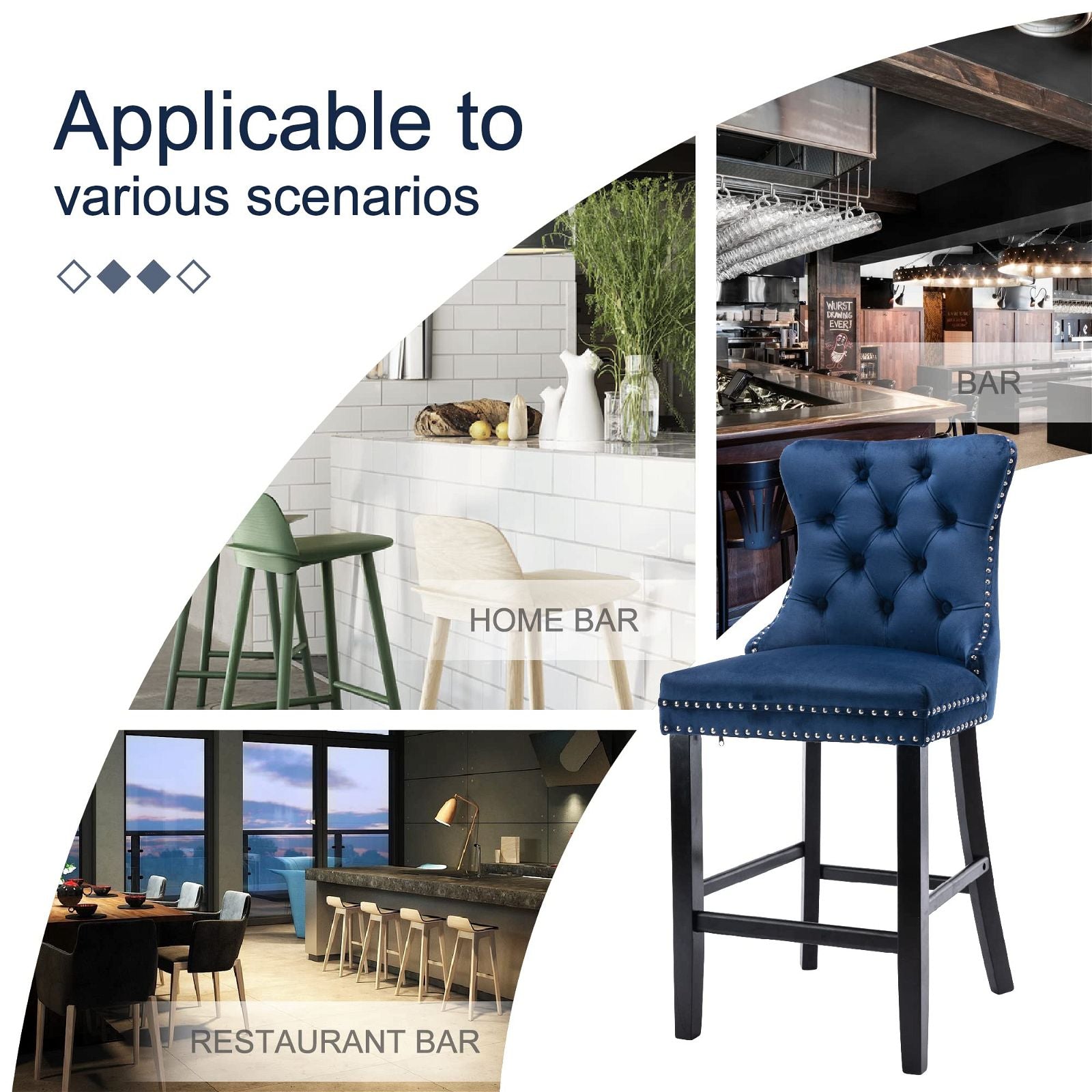 Velvet Bar Stools with Studs Trim & Wooden Legs - Set of 6 Tufted Dining Chairs for Kitchen Counter, Breakfast Nook & Home Bar Decor