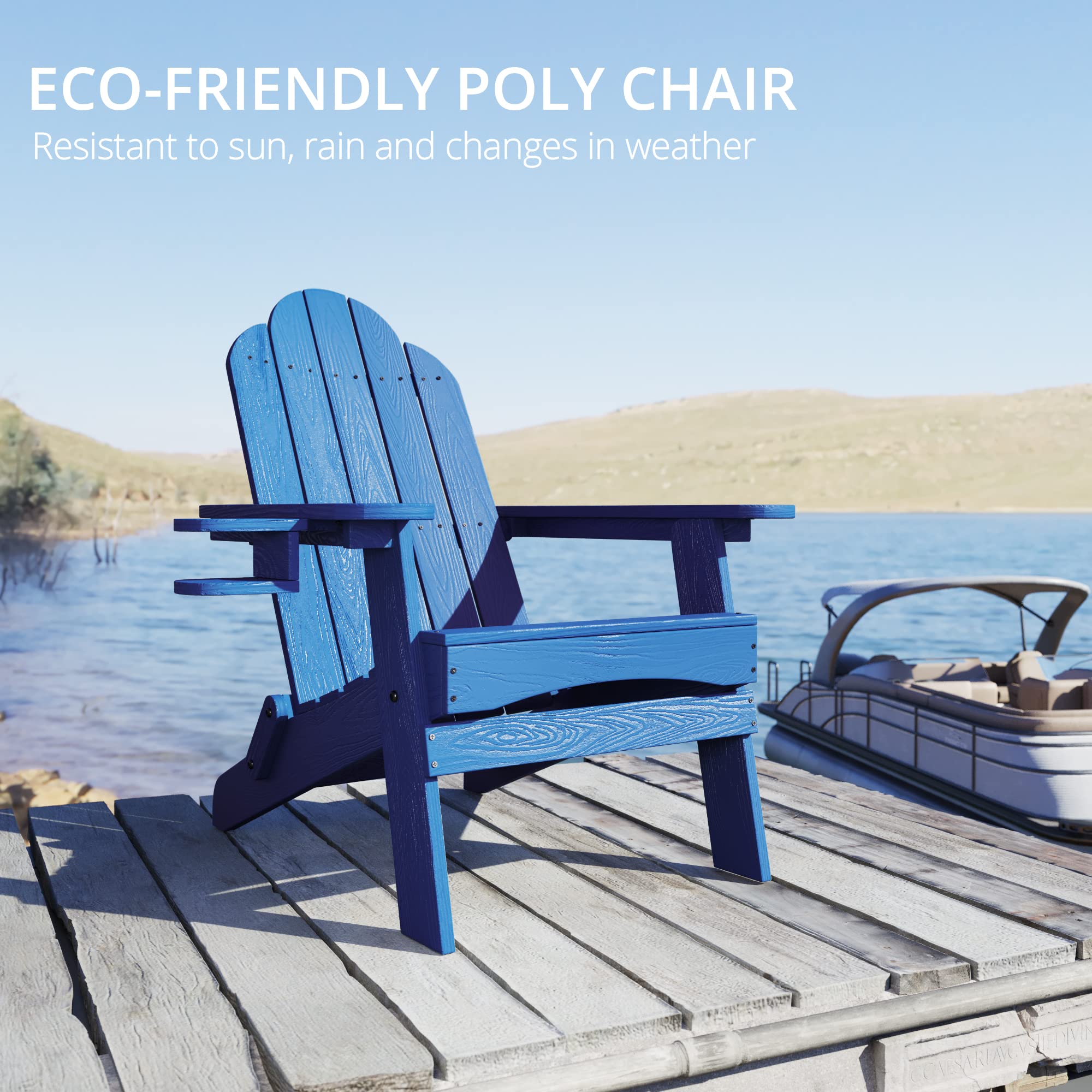LUE BONA Folding Adirondack Chair - Navy Blue Weather-Resistant Outdoor Patio Furniture with Cup Holder, HDPS Fire Pit Chairs for Backyard, Garden, Poolside & Camping