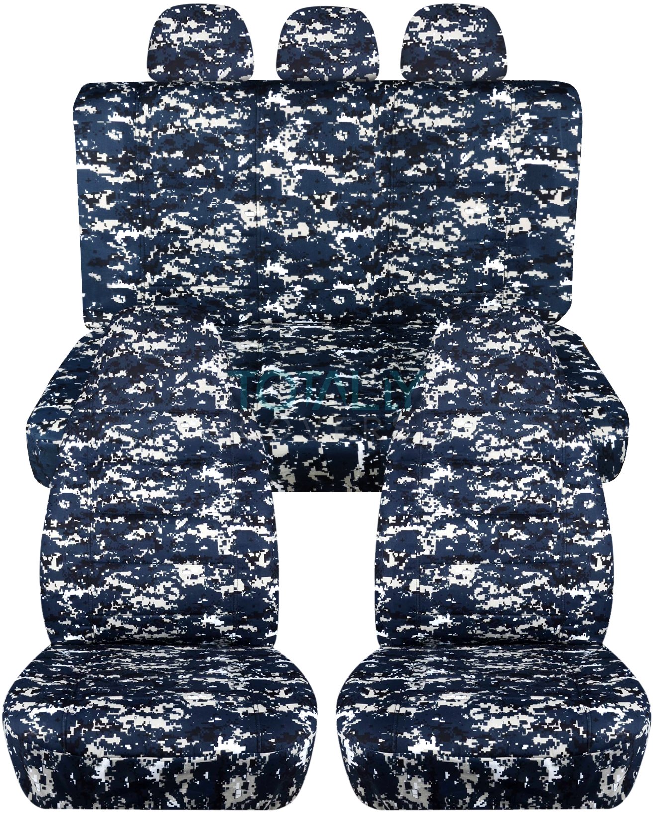 Blue Digital Camo Car Seat Covers Full Set with 3 Rear Headrest Covers - Universal Fit for Cars, Trucks, Vans, RVs & SUVs - 22 Print Options - Perfect for Outdoor Adventures, Hunting & Off-Roading