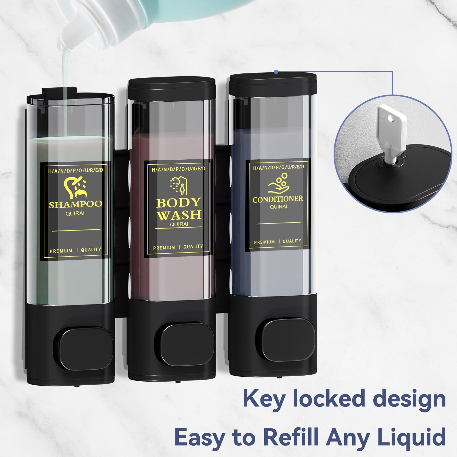 3-Chamber No-Drill Shower Dispenser for Shampoo, Conditioner & Soap - Wall Mounted Bathroom Organizer with Large Capacity - Perfect for Home, Hotel & Kitchen Use