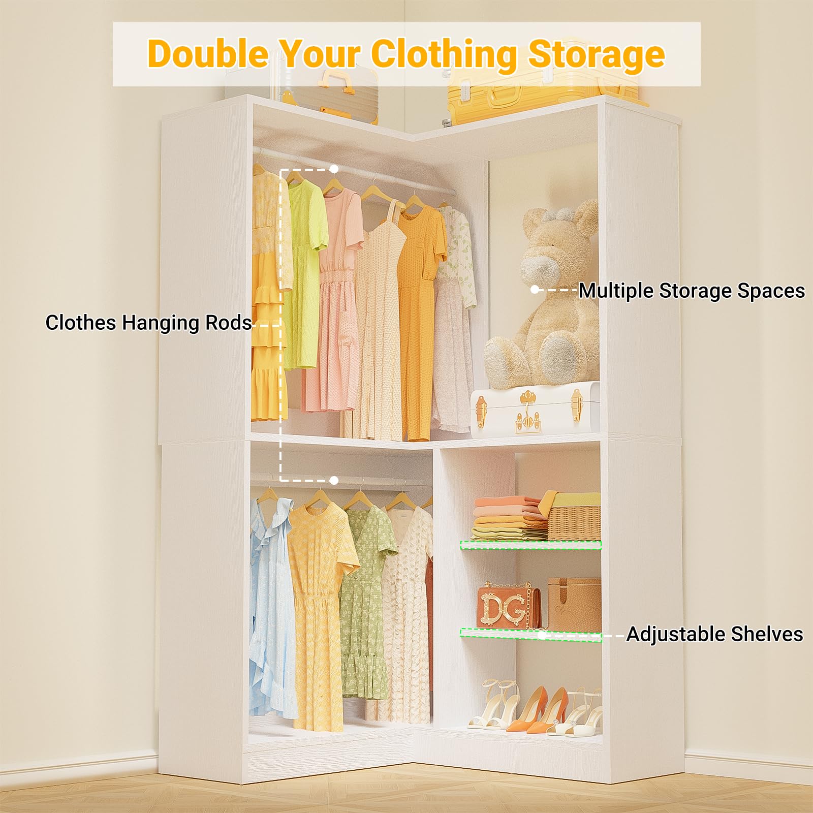 Unikito 36 Inch Freestanding Closet Organizer System - Large Corner Closet Tower with 2 Hanging Rods & Storage Shelves, Walk-in Closet Storage Solution (36