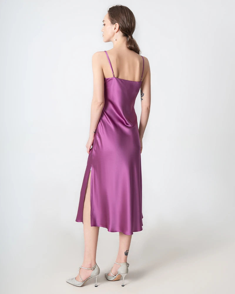 Elegant Slit Cowl Neck Midi Silk Dress for Women - Luxury Party & Evening Wear - Perfect for Weddings, Cocktails & Special Occasions