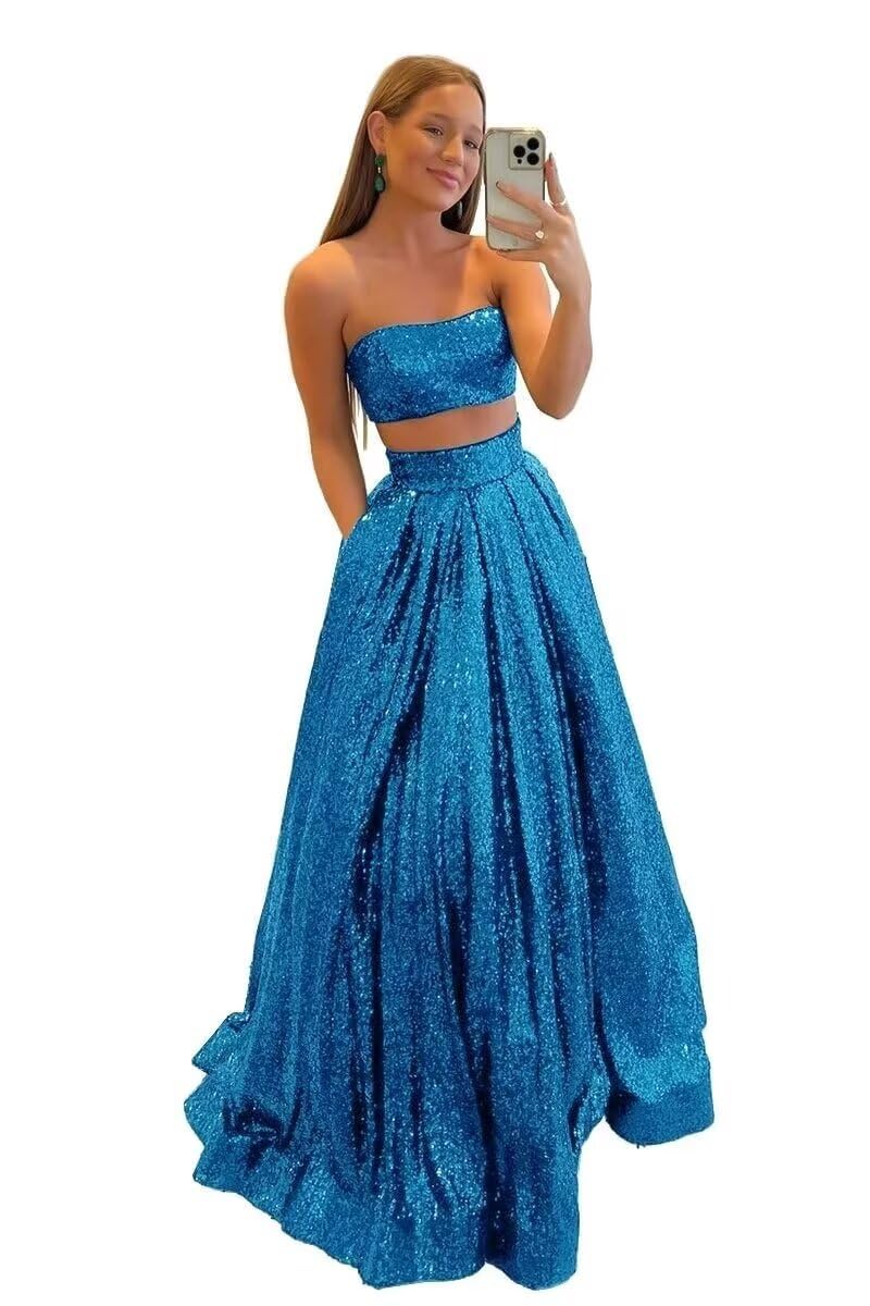 Elegant Women's Two-Piece Long Sequin Prom Dress - A-Line Satin Formal Evening Gown for Wedding, Party & Special Occasions | Perfect for Prom Night, Cocktail Events & Black Tie Galas