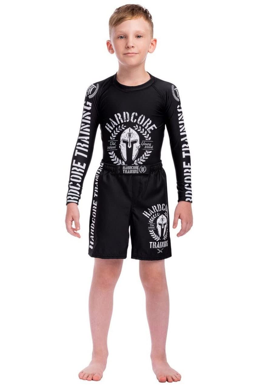 Kids BJJ Rash Guard & Helmet - Black Compression Base Layer for No Gi Training, Boxing & Fitness Workouts