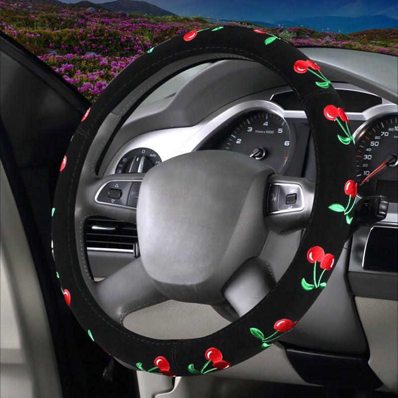Mayco Bell Women's Cute Cherry Embroidery Car Steering Wheel Cover - Soft Grip, Universal Fit for Most Vehicles - Perfect for Daily Commute & Road Trips