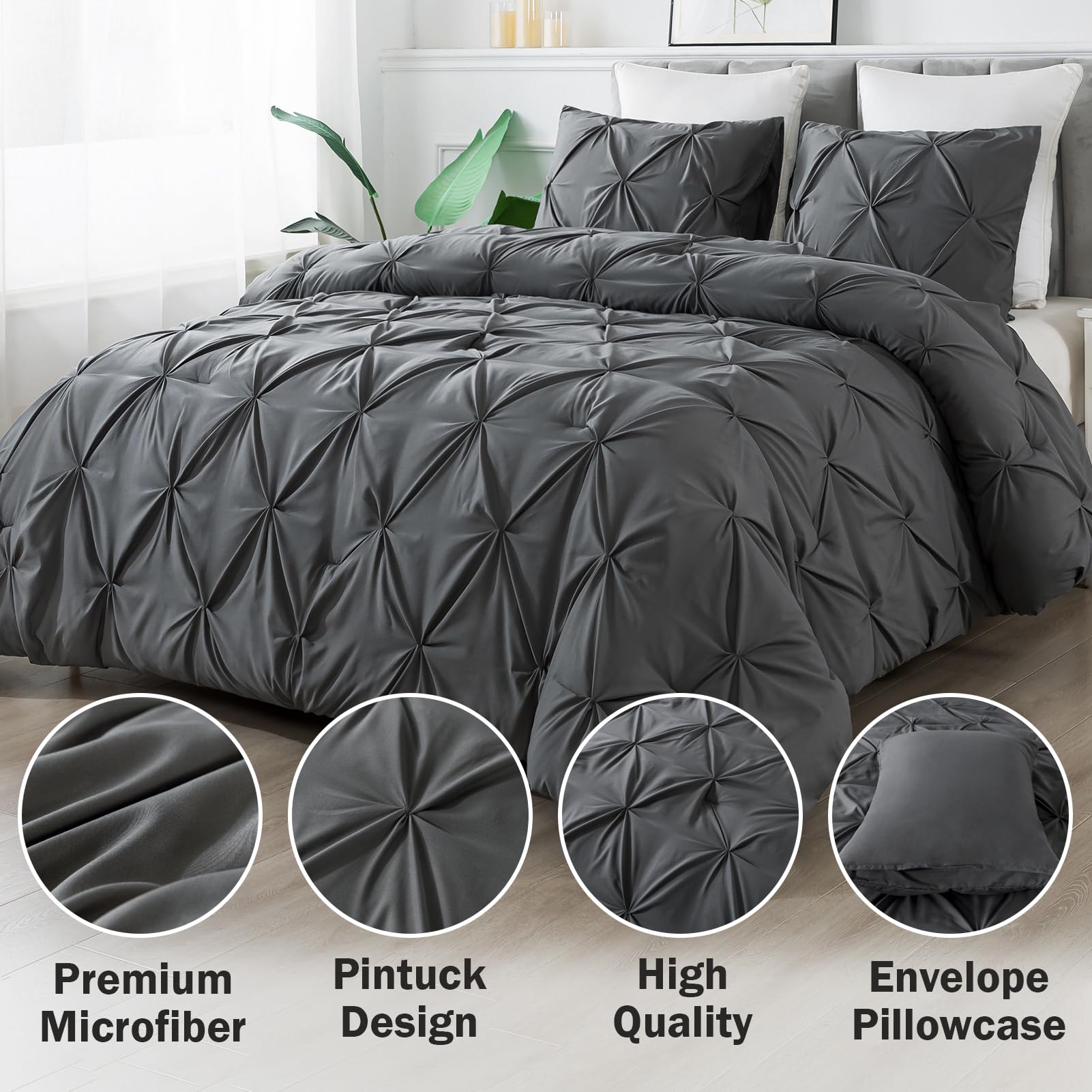 Andency Dark Grey King Size Comforter Set - 3 Piece Soft Microfiber Bedding Set with Pinch Pleat Design, Lightweight & Fluffy for All Seasons | Perfect for Master Bedroom, Guest Room & Cozy Home Decor