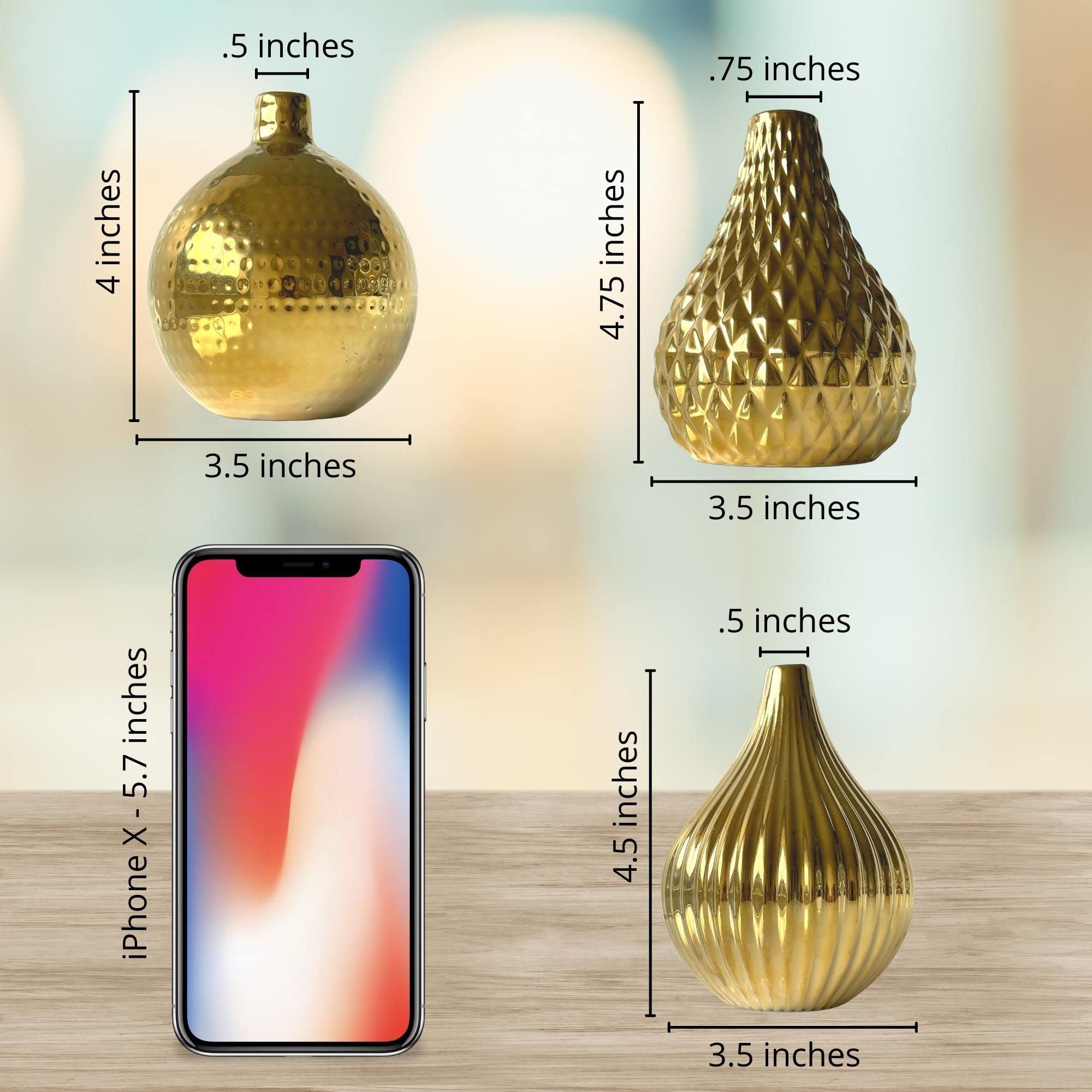 Zensational Ceramic Gold Vase Set of 3 - Diamond, Spot, Stripe Design - Small Decorative Flower Vases - Textured Round Mini Vases - Elegant Gold Centerpiece - Wedding Bud Vases - Perfect for Home Decor, Table Centerpieces & Special Events